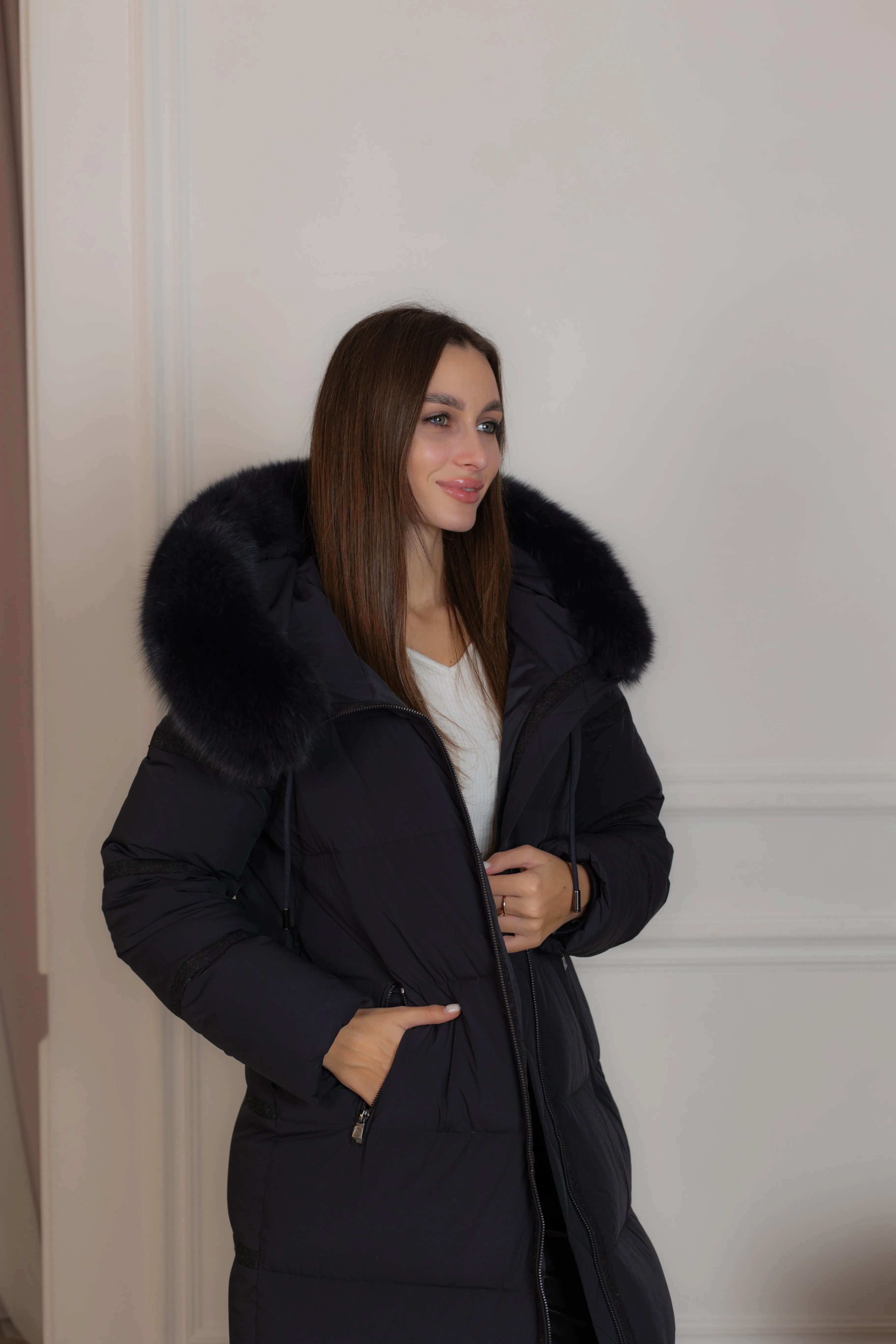 Genuine Polar Fox Fur Wool Trim Down Fill Coat