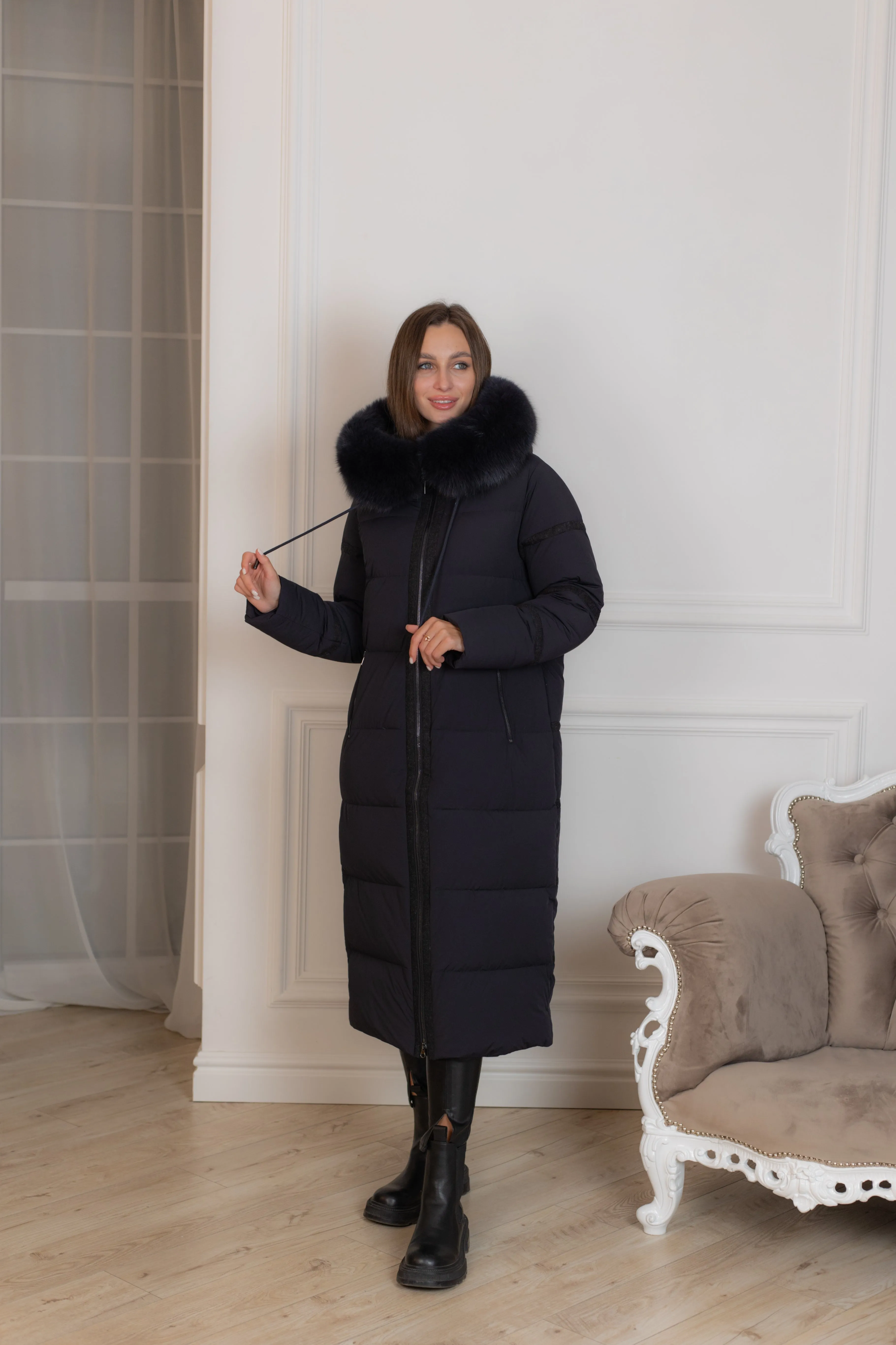 Genuine Polar Fox Fur Wool Trim Down Fill Coat