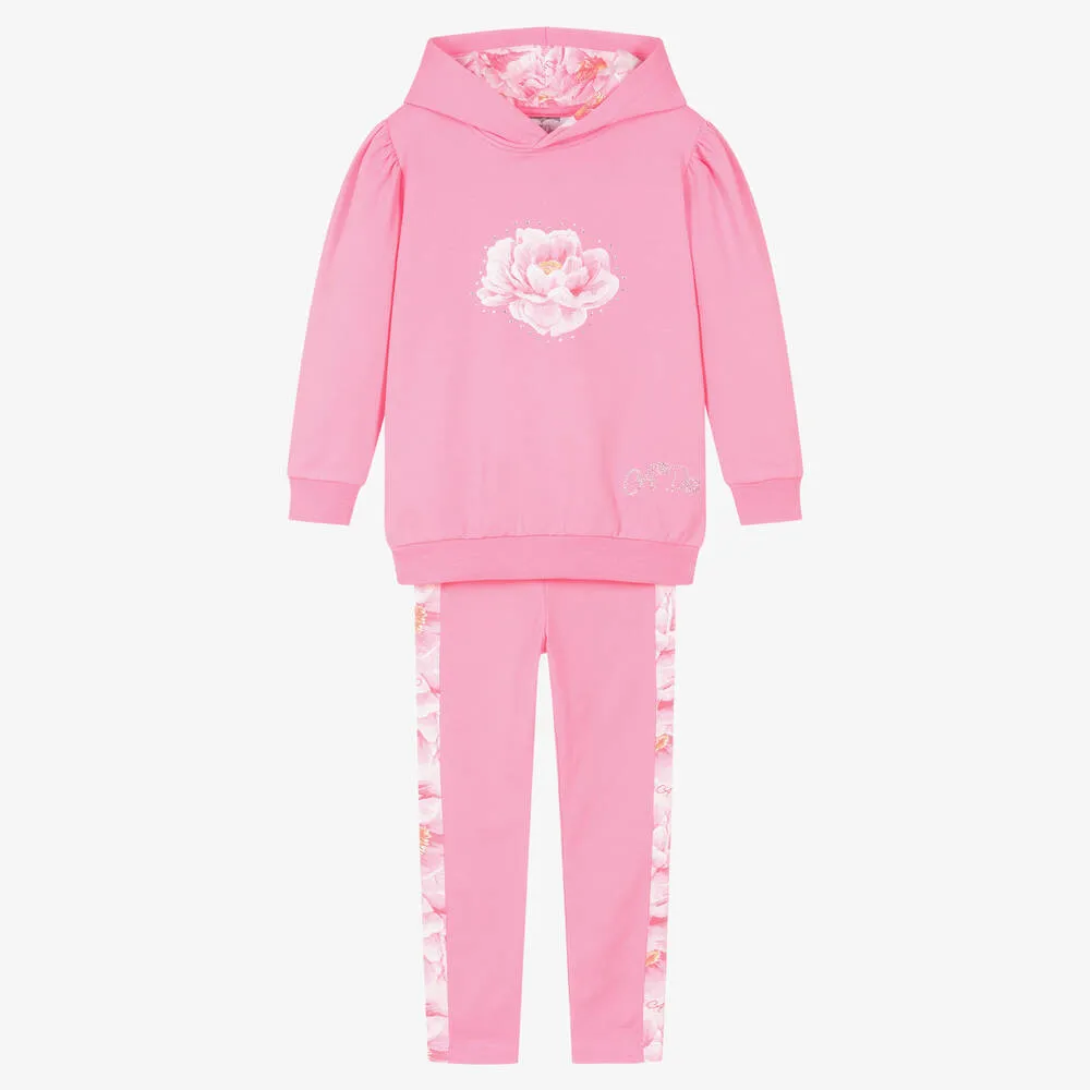 Girls Pink Cotton Floral Leggings Set