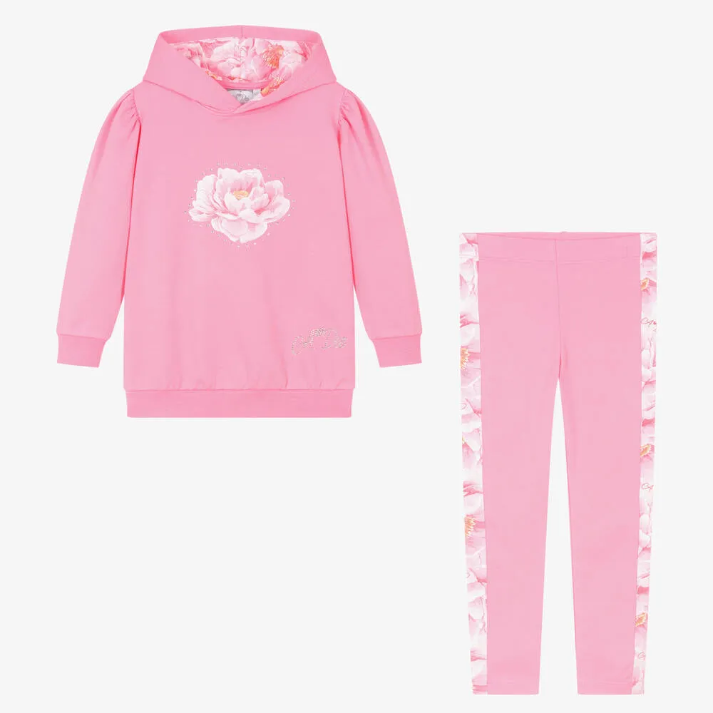 Girls Pink Cotton Floral Leggings Set