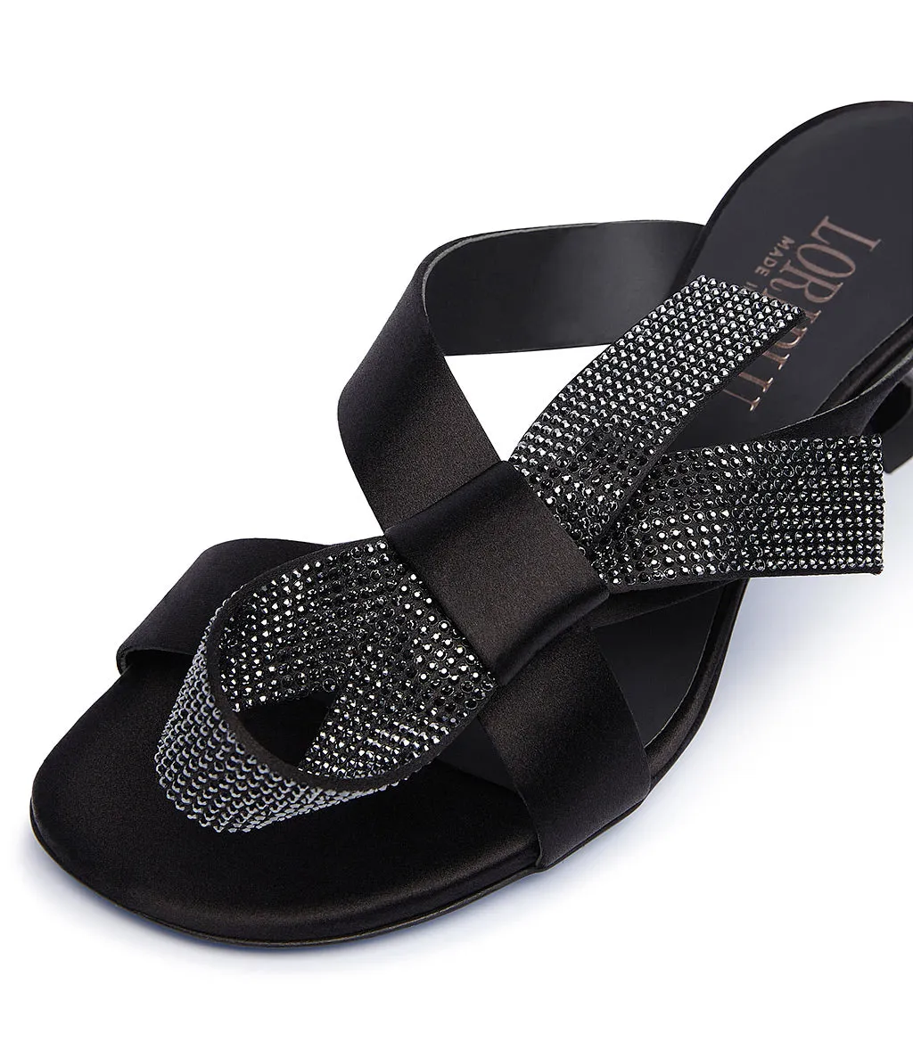 Glittery black silk sandals.