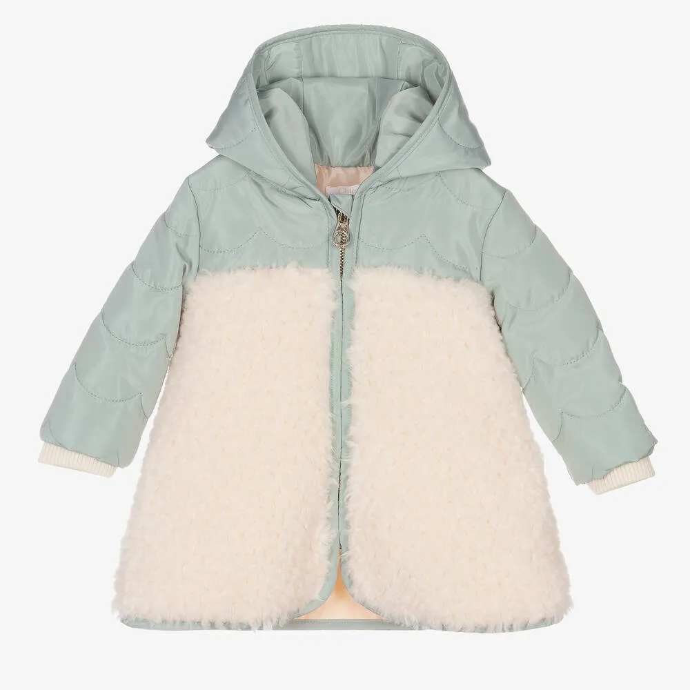 Green and Ivory Girls Hooded Coat