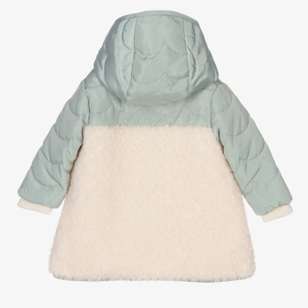 Green and Ivory Girls Hooded Coat