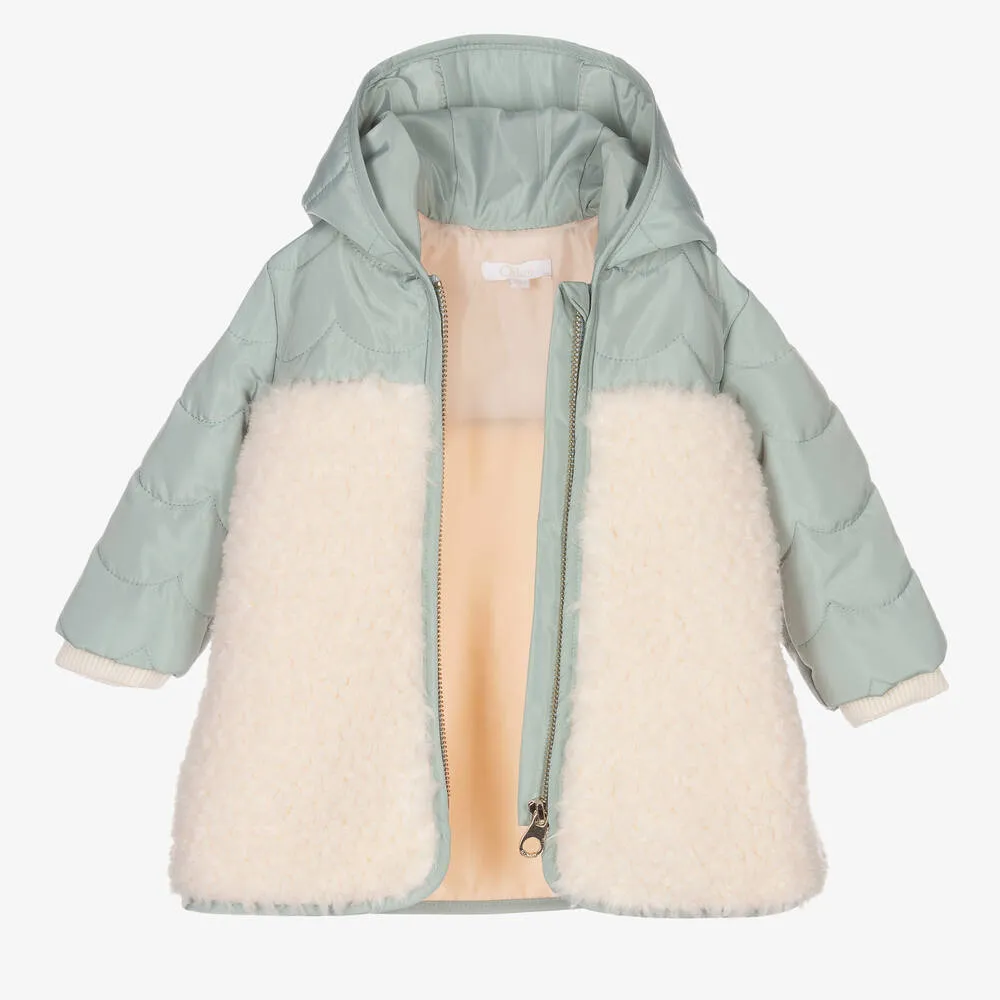 Green and Ivory Girls Hooded Coat