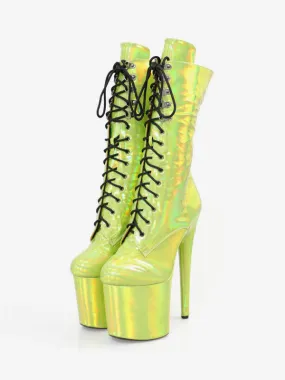 Green Lace-Up Stiletto Heel Rave Club Thigh High Boots