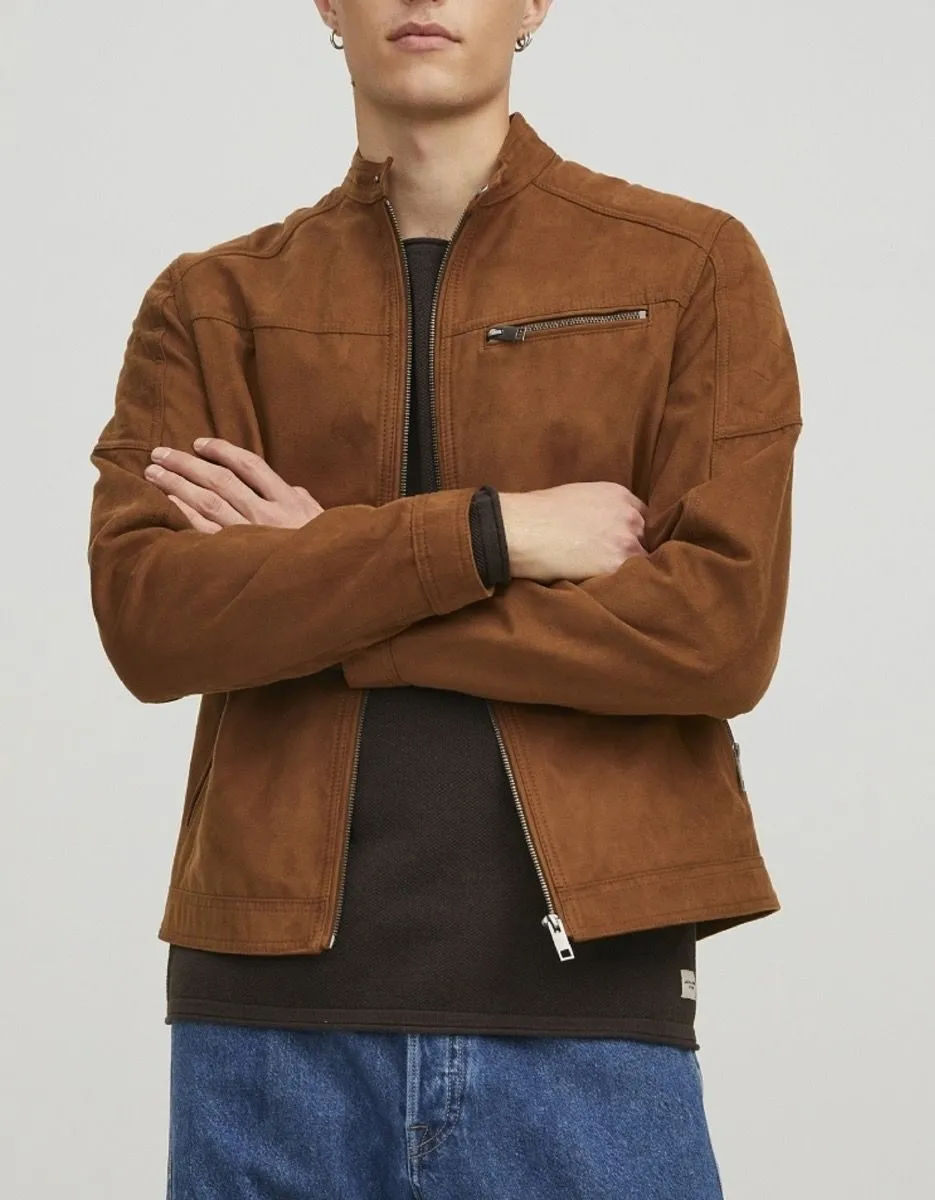 Jack and Jones Rocky Biker Faux Leather Look Jacket Cognac