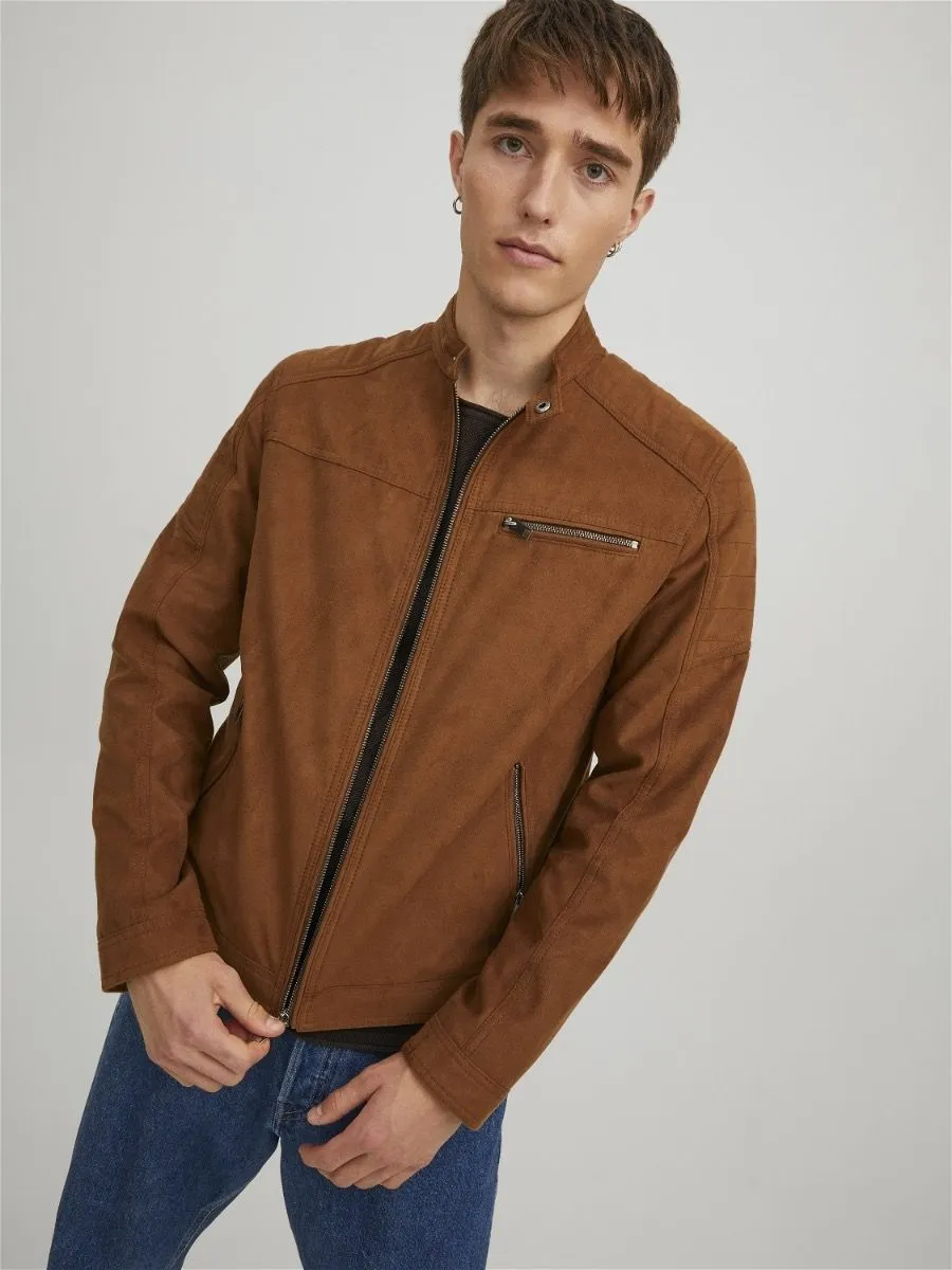 Jack and Jones Rocky Biker Faux Leather Look Jacket Cognac