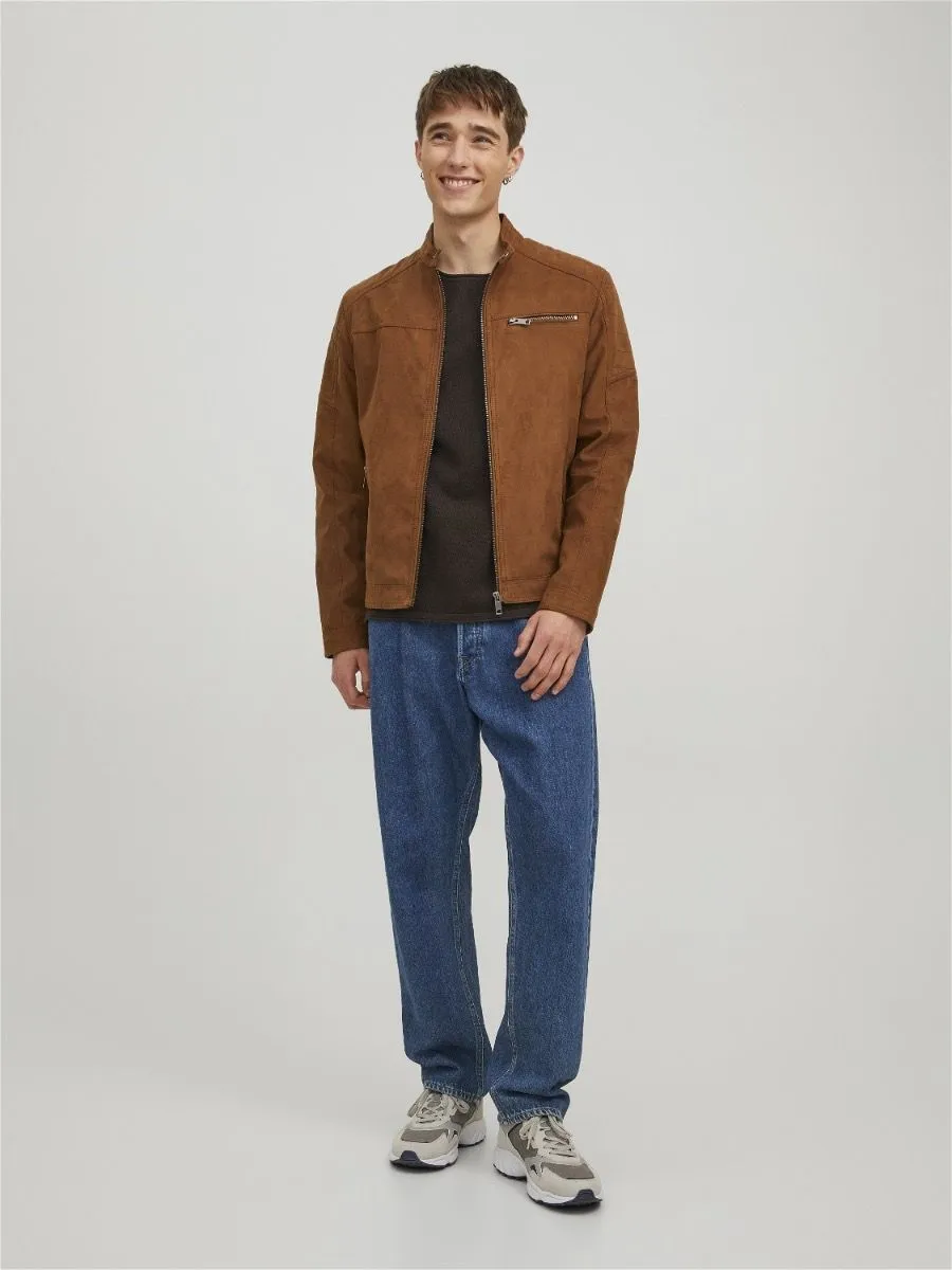 Jack and Jones Rocky Biker Faux Leather Look Jacket Cognac