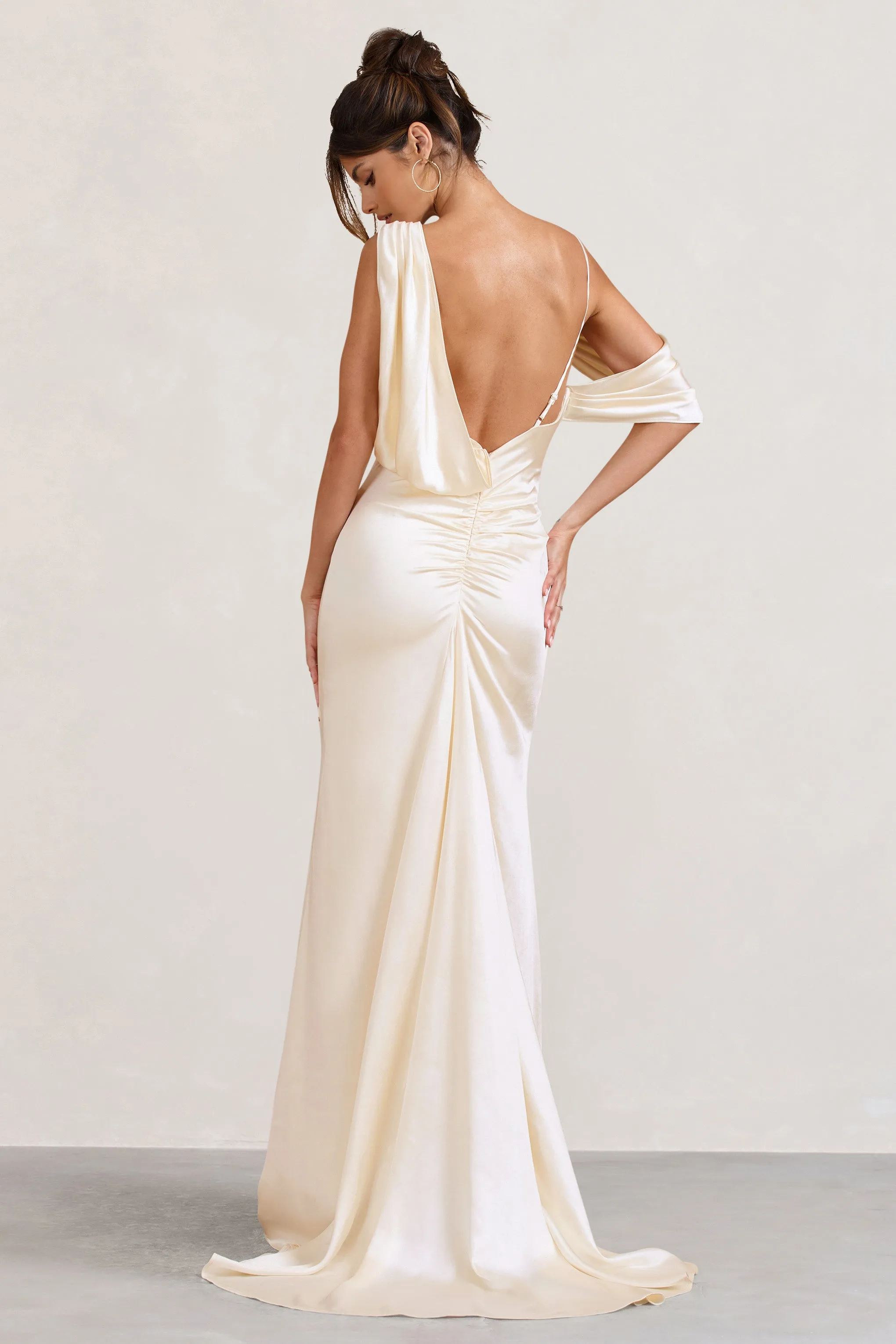 Cream Satin Asymmetric Draped Split Maxi Dress by Jaynie