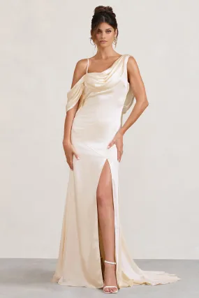 Cream Satin Asymmetric Draped Split Maxi Dress by Jaynie