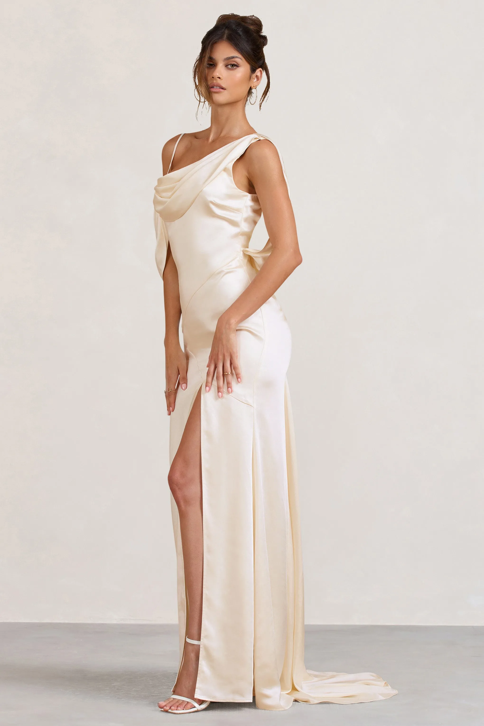 Cream Satin Asymmetric Draped Split Maxi Dress by Jaynie