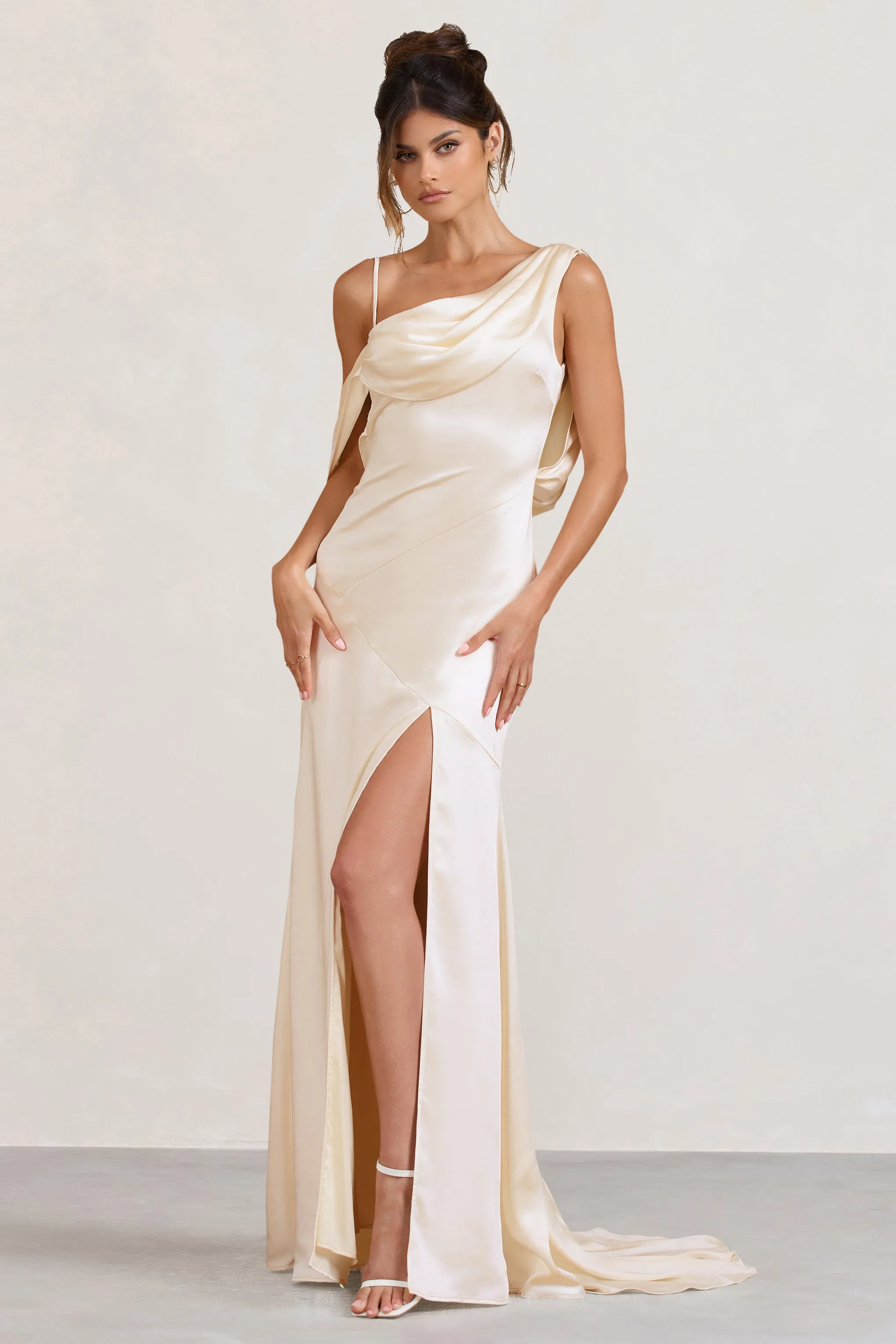 Cream Satin Asymmetric Draped Split Maxi Dress by Jaynie