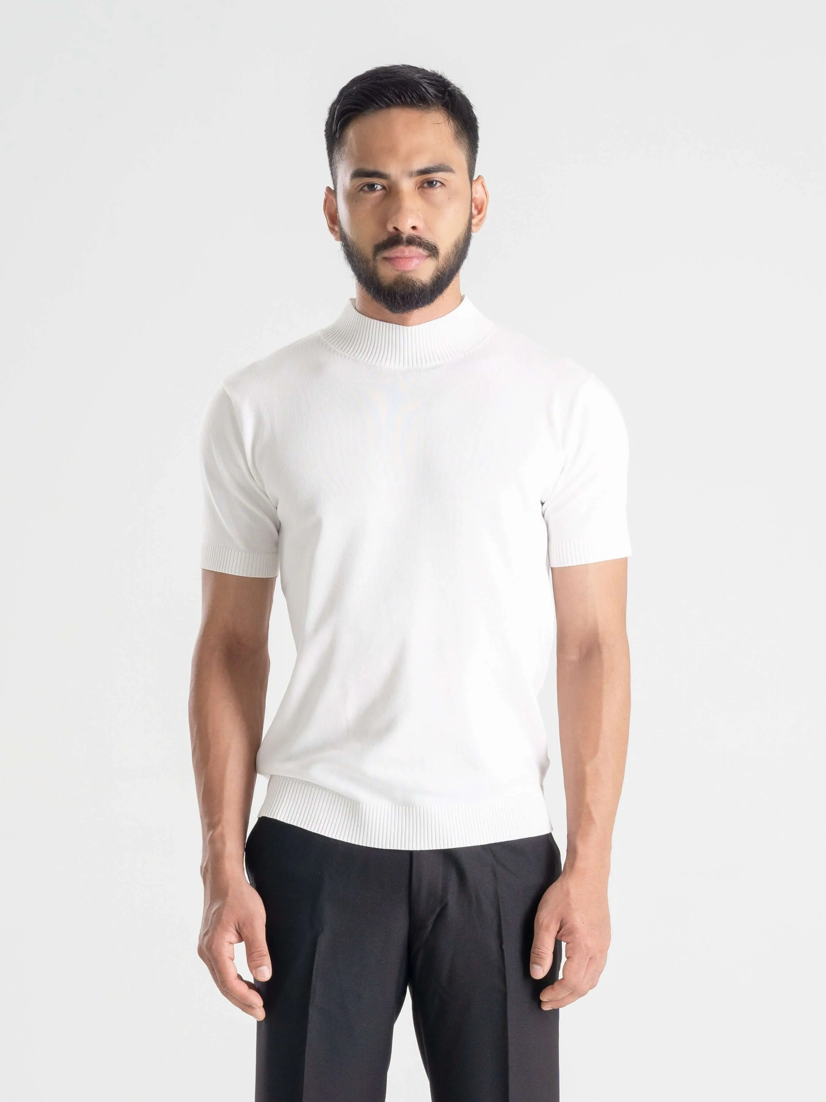 Pure White Ribbed Collar Knit Tee - Best Deals