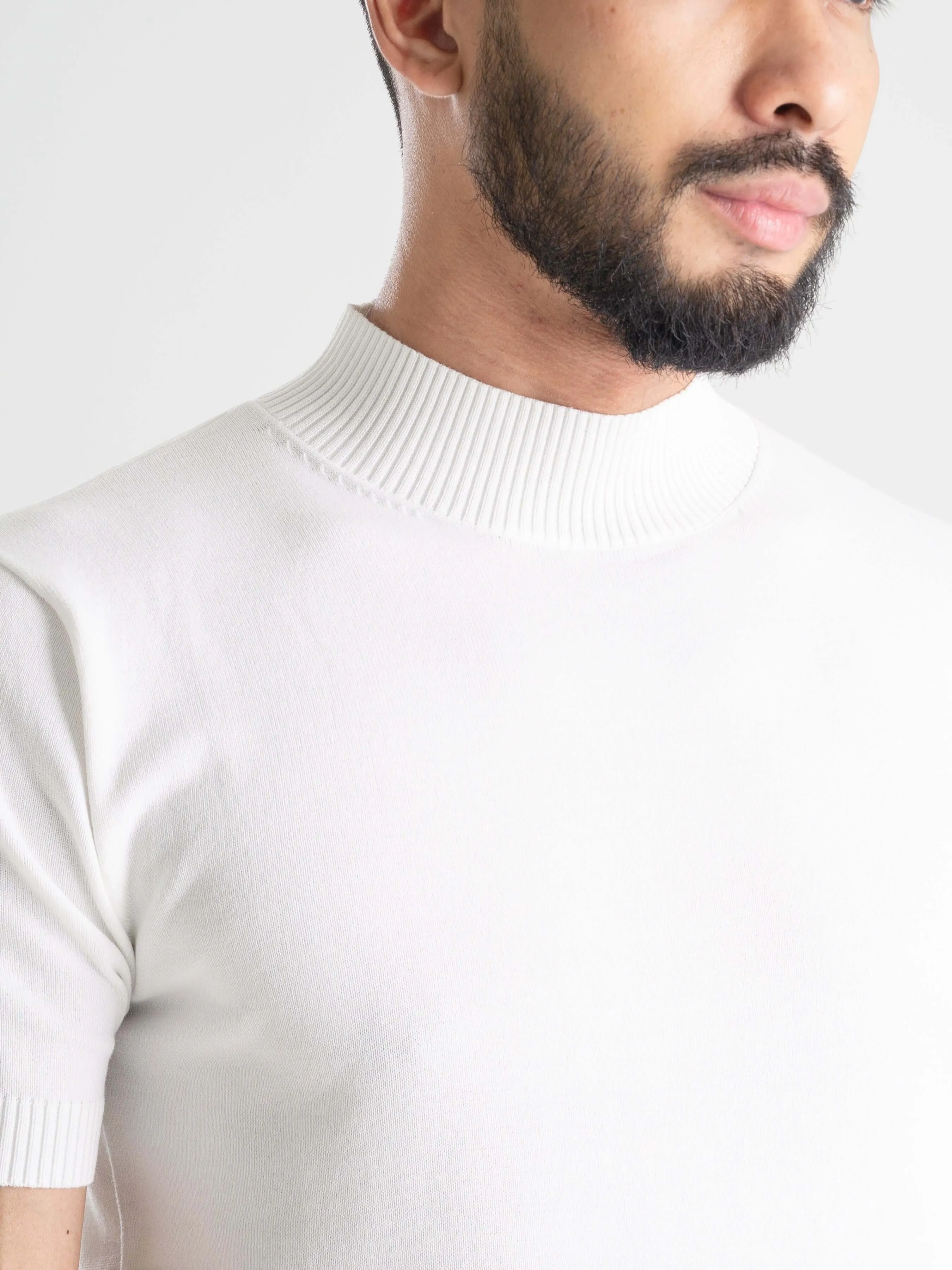 Pure White Ribbed Collar Knit Tee - Best Deals