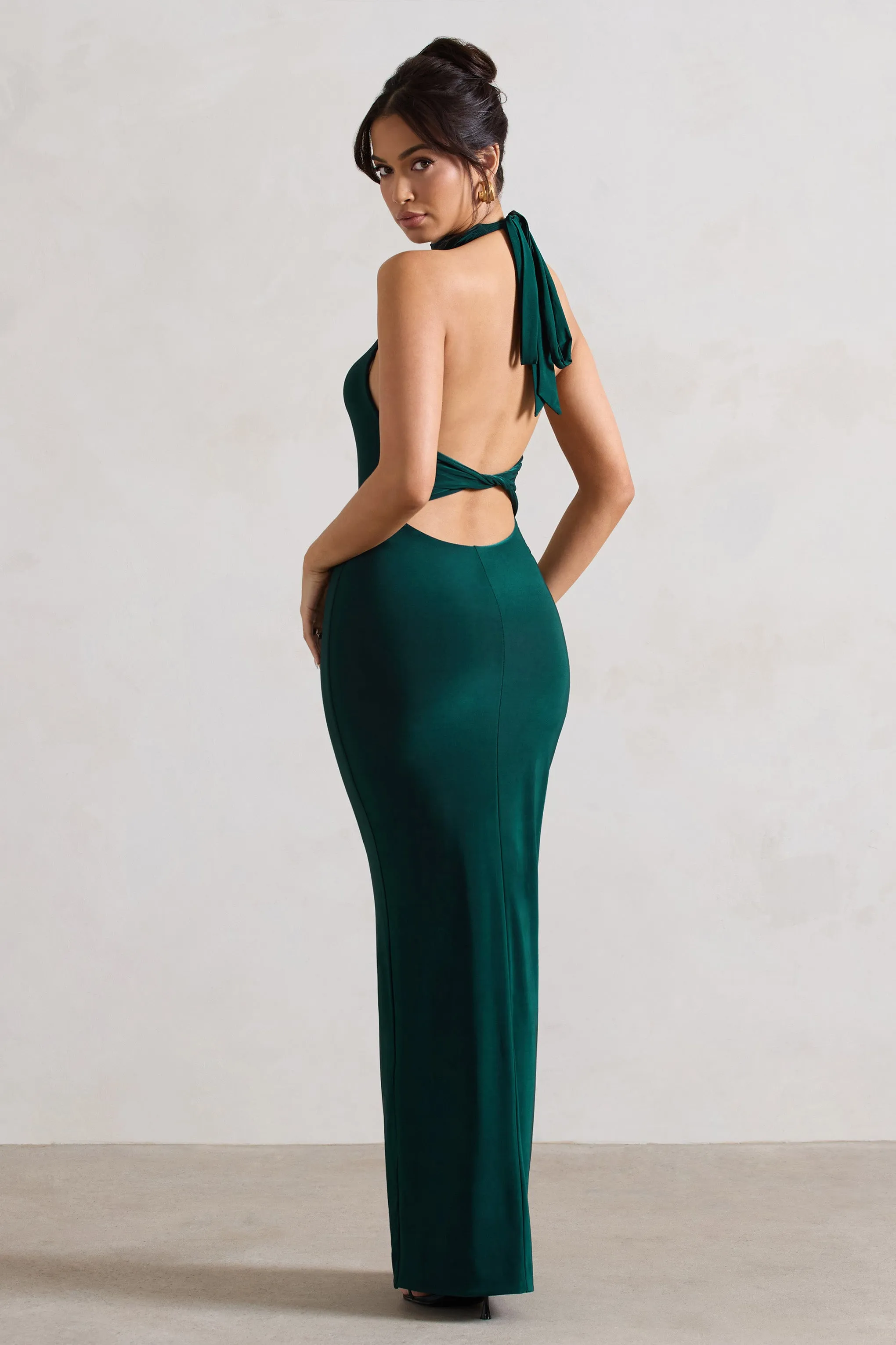 Green Cowl Halter-Neck Maxi Dress With Back Detail by Larisa