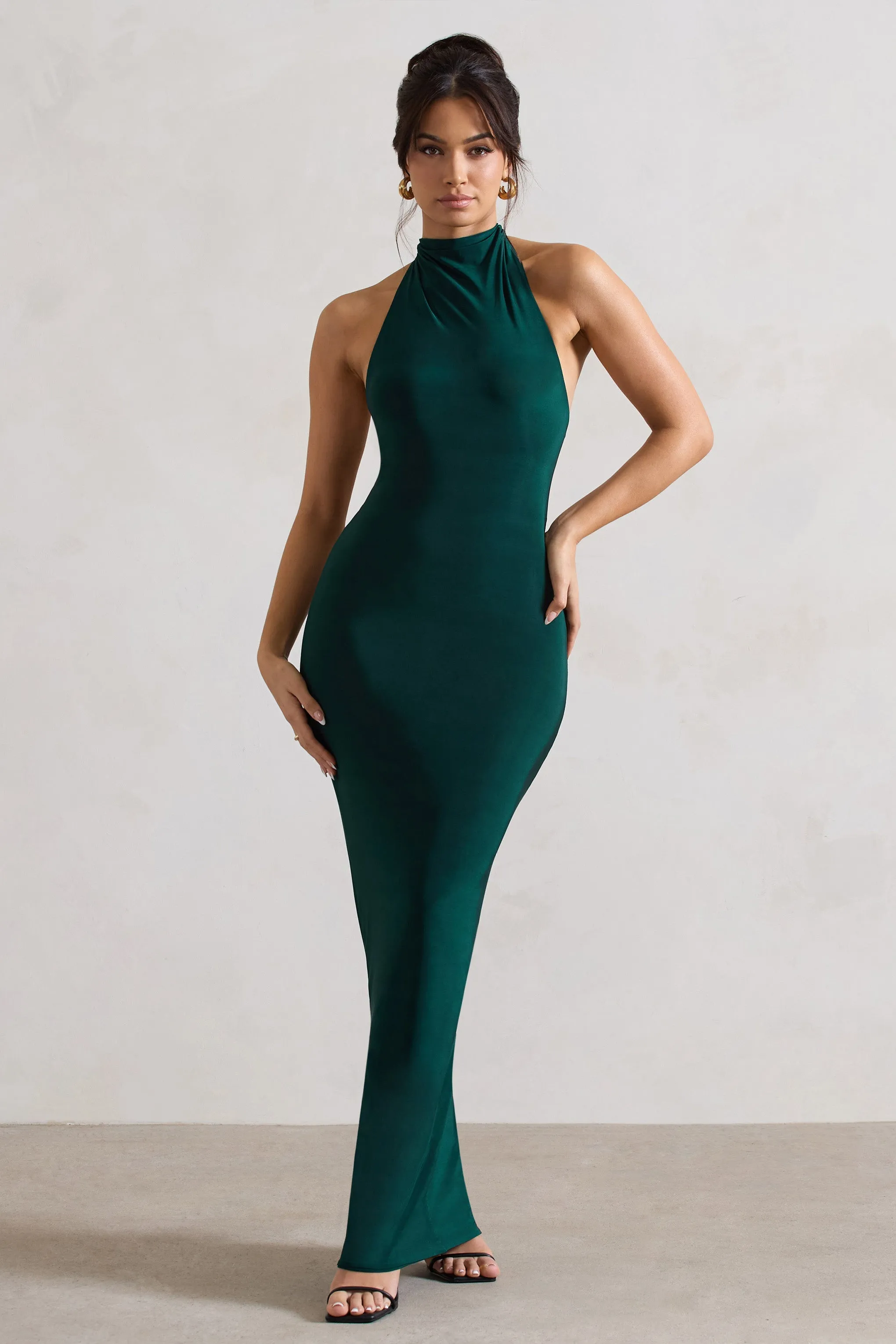 Green Cowl Halter-Neck Maxi Dress With Back Detail by Larisa