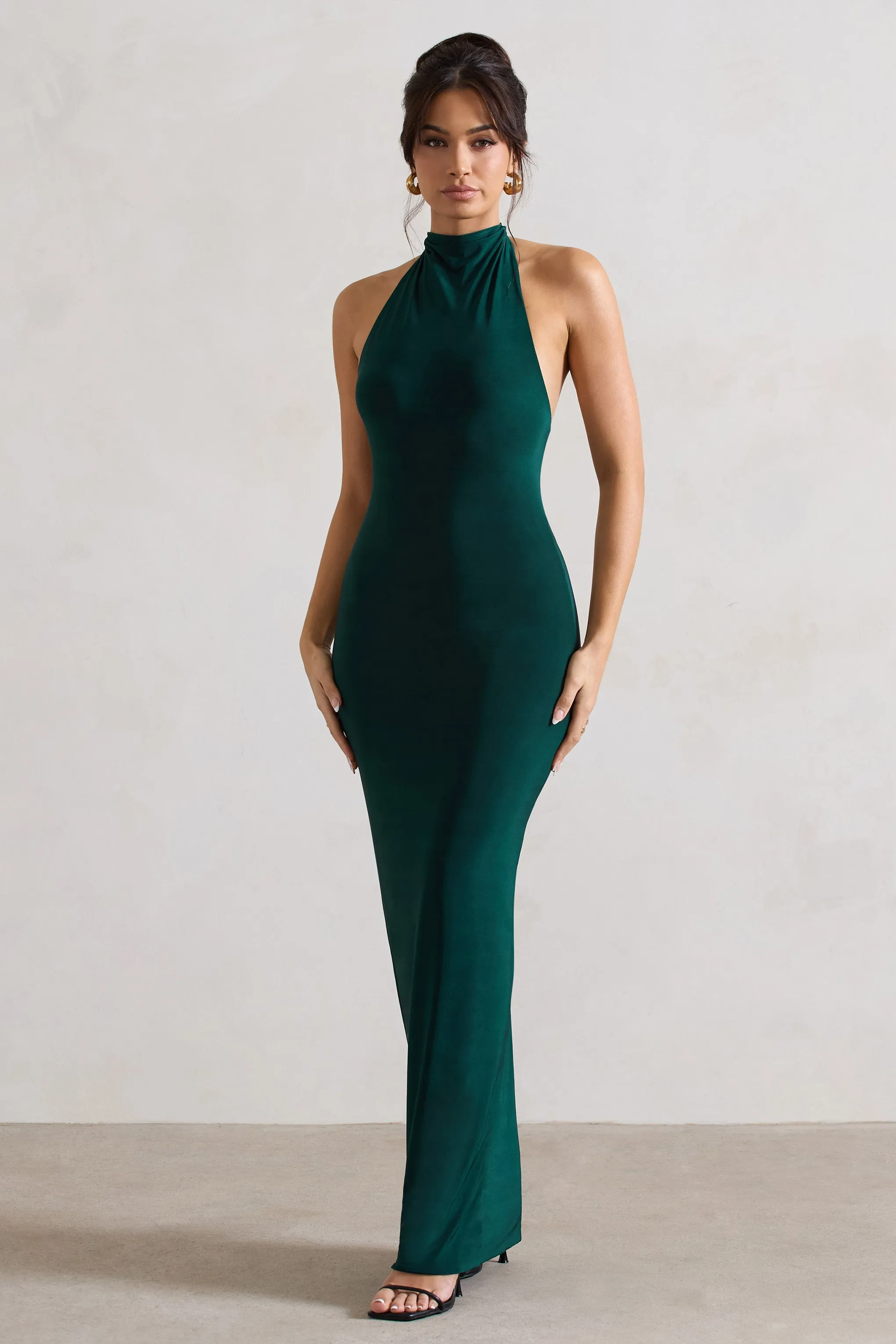 Green Cowl Halter-Neck Maxi Dress With Back Detail by Larisa