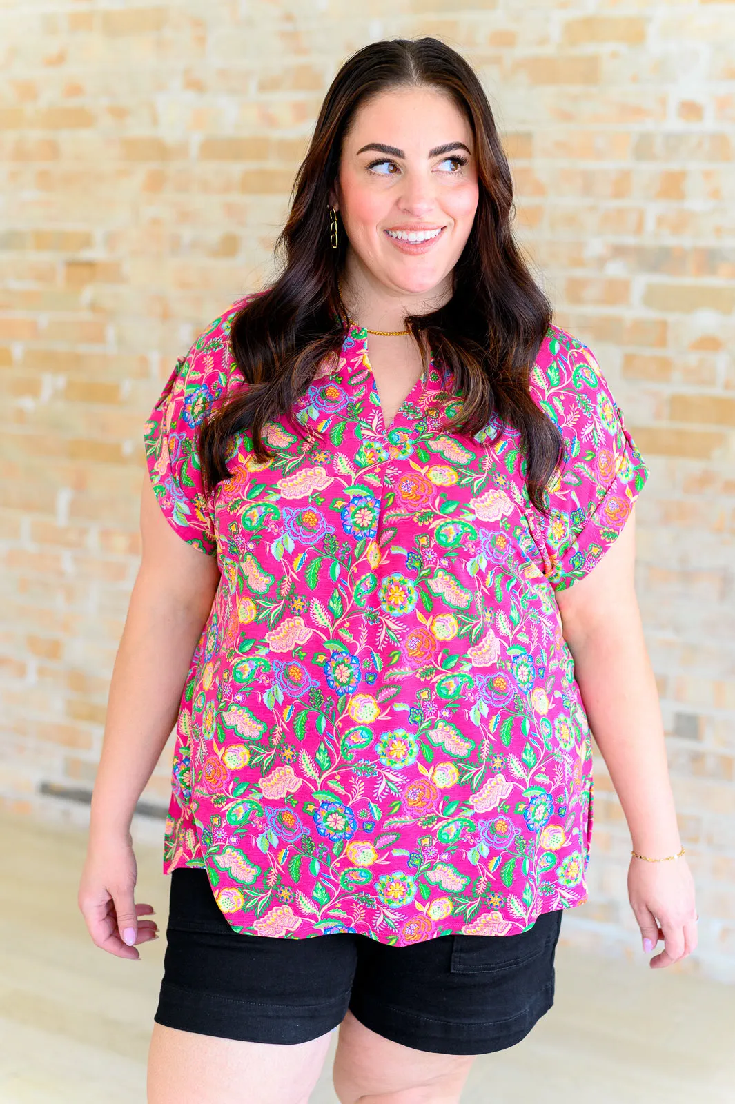 Fuchsia Green Floral Paisley Lizzy Cap Sleeve Top