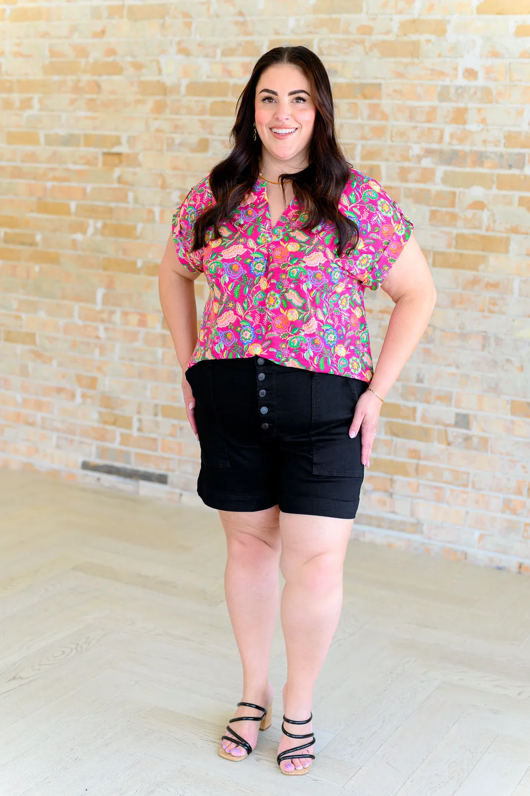 Fuchsia Green Floral Paisley Lizzy Cap Sleeve Top