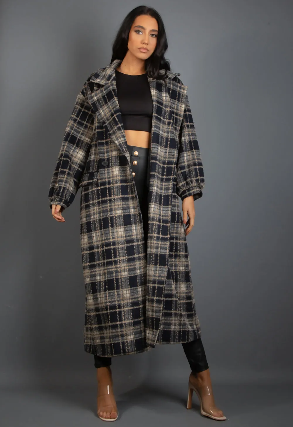 Long Navy Check Print Coat