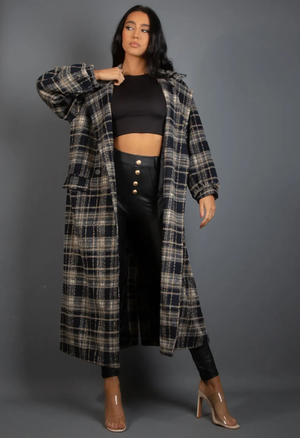 Long Navy Check Print Coat