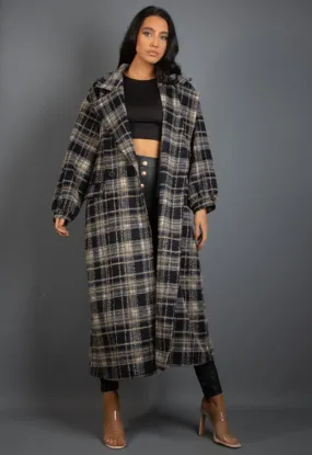 Long Navy Check Print Coat