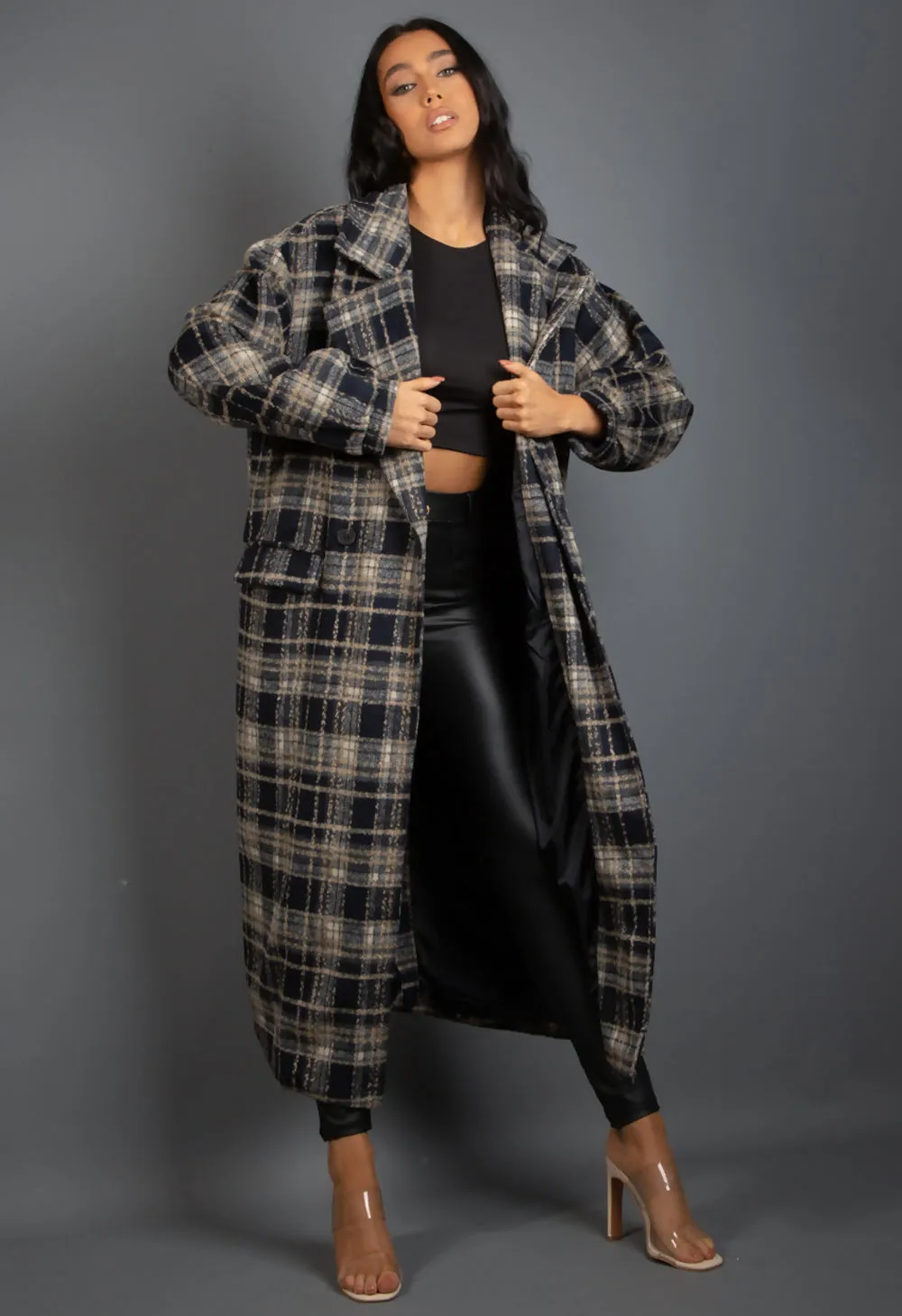 Long Navy Check Print Coat