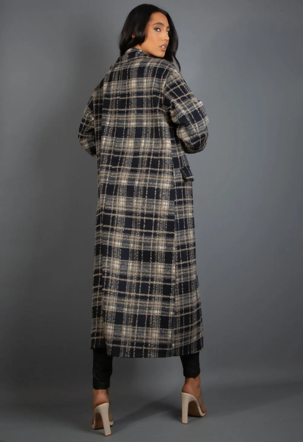 Long Navy Check Print Coat