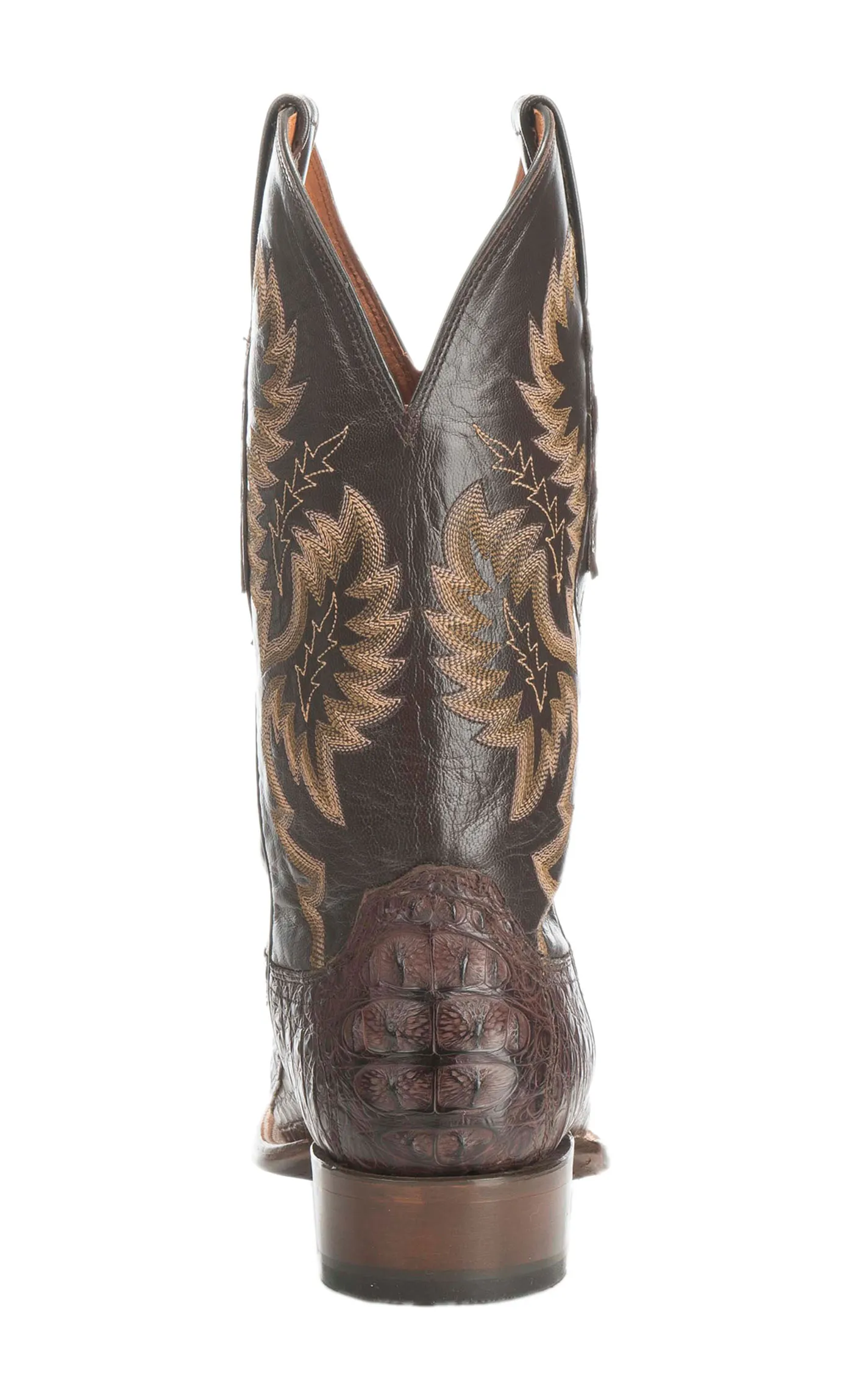 Lucchese Men's Exotic Cowboy Boots in Barrel Brown and Chocolate Caiman Tail, Wide Square Toe