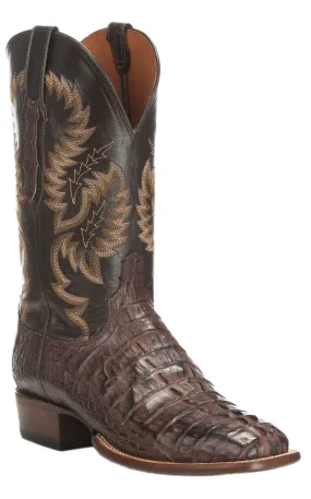 Lucchese Men's Exotic Cowboy Boots in Barrel Brown and Chocolate Caiman Tail, Wide Square Toe