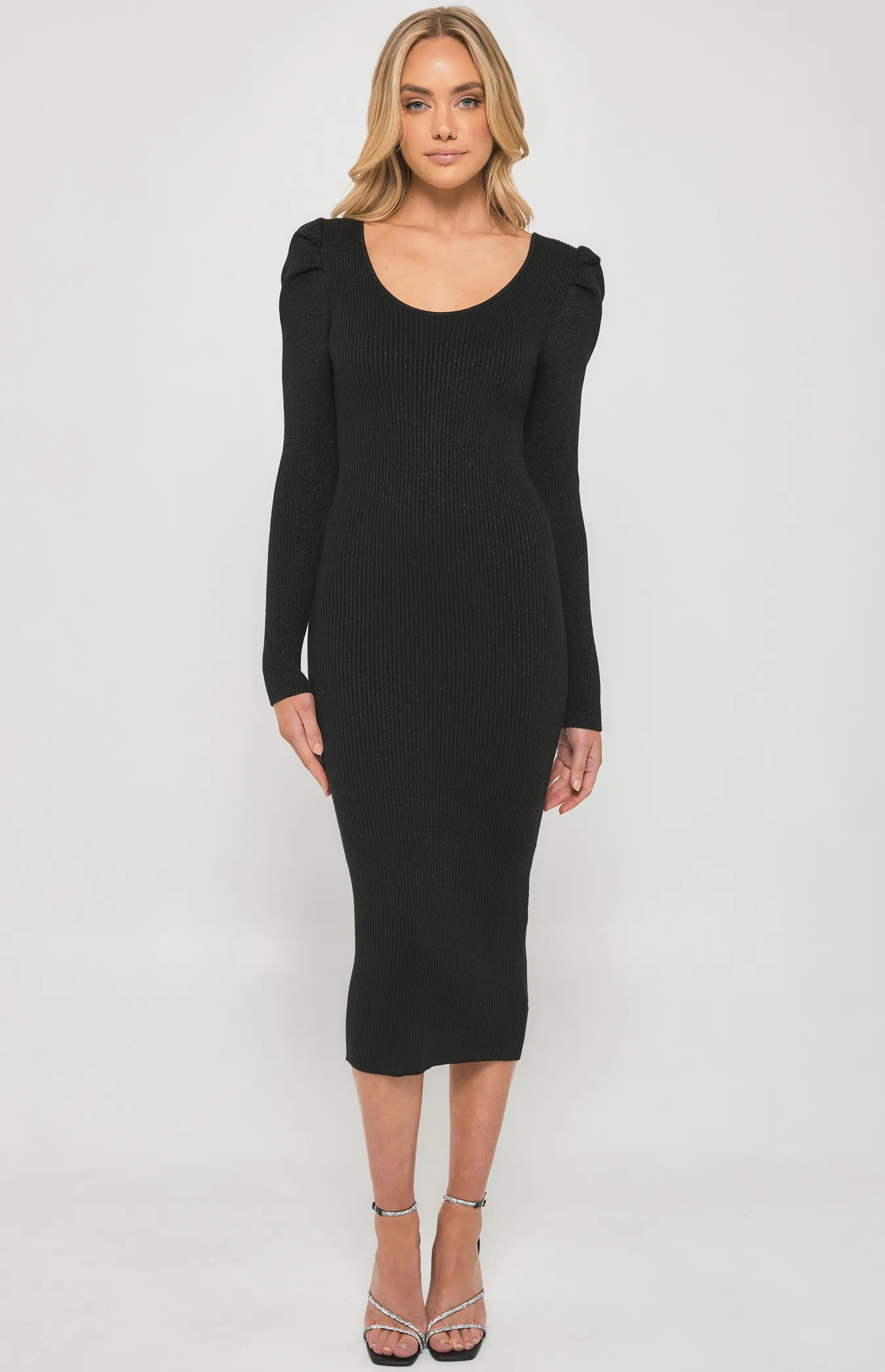 Lurex Gigot Sleeves Knit Midi Dress SKN717