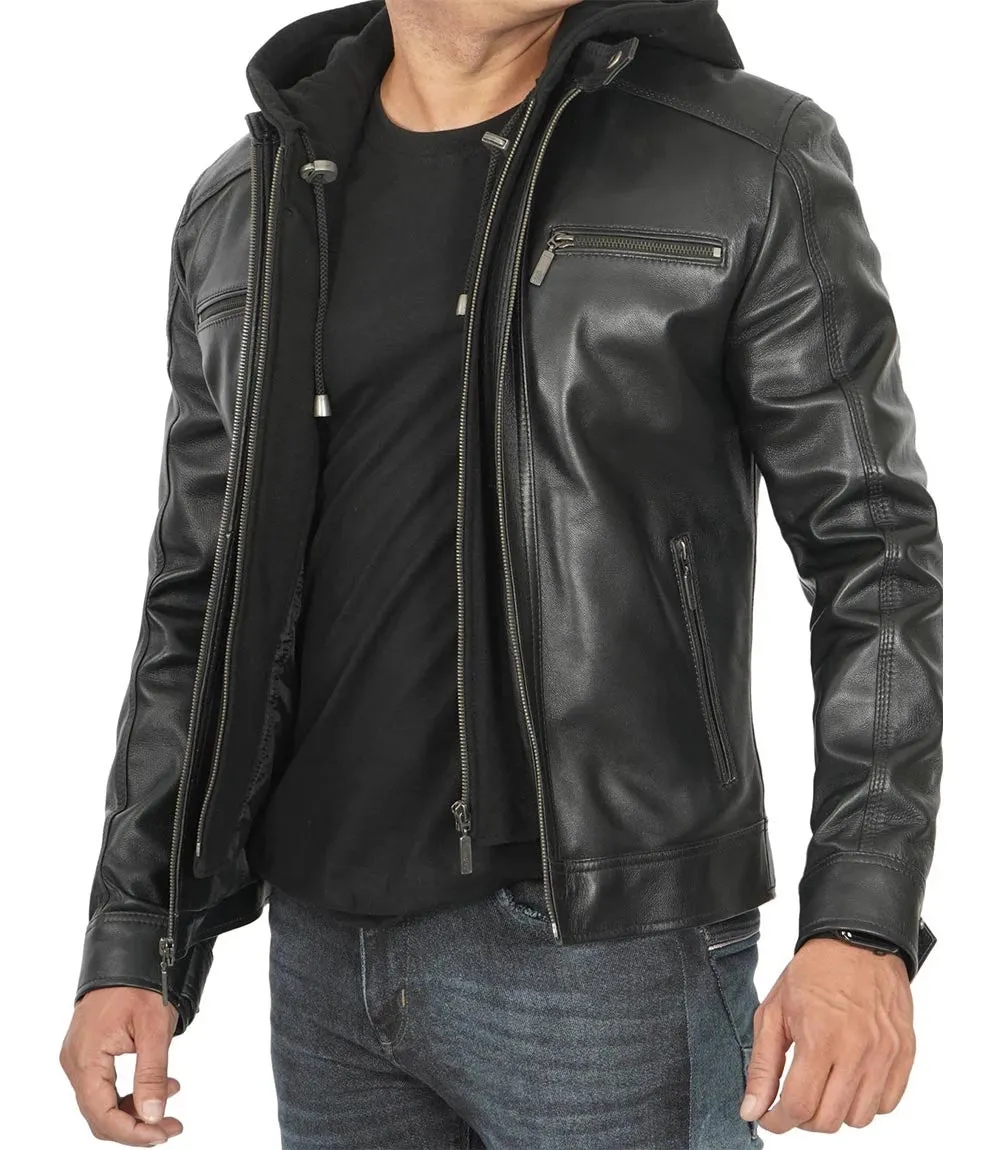 Merrill Men's Black Cafe Racer Hooded Leather Jacket - Shop Now