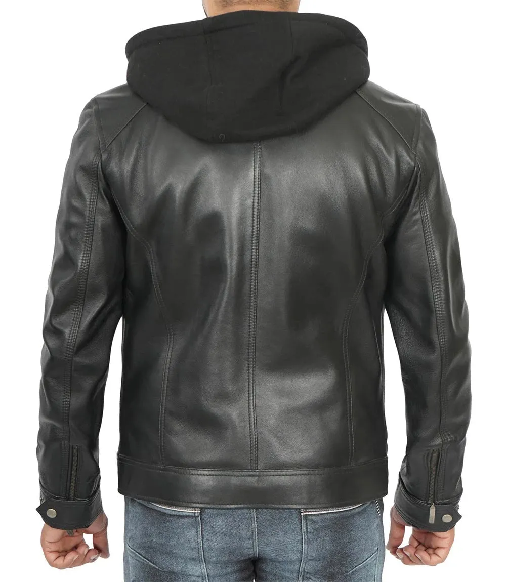 Merrill Men's Black Cafe Racer Hooded Leather Jacket - Shop Now