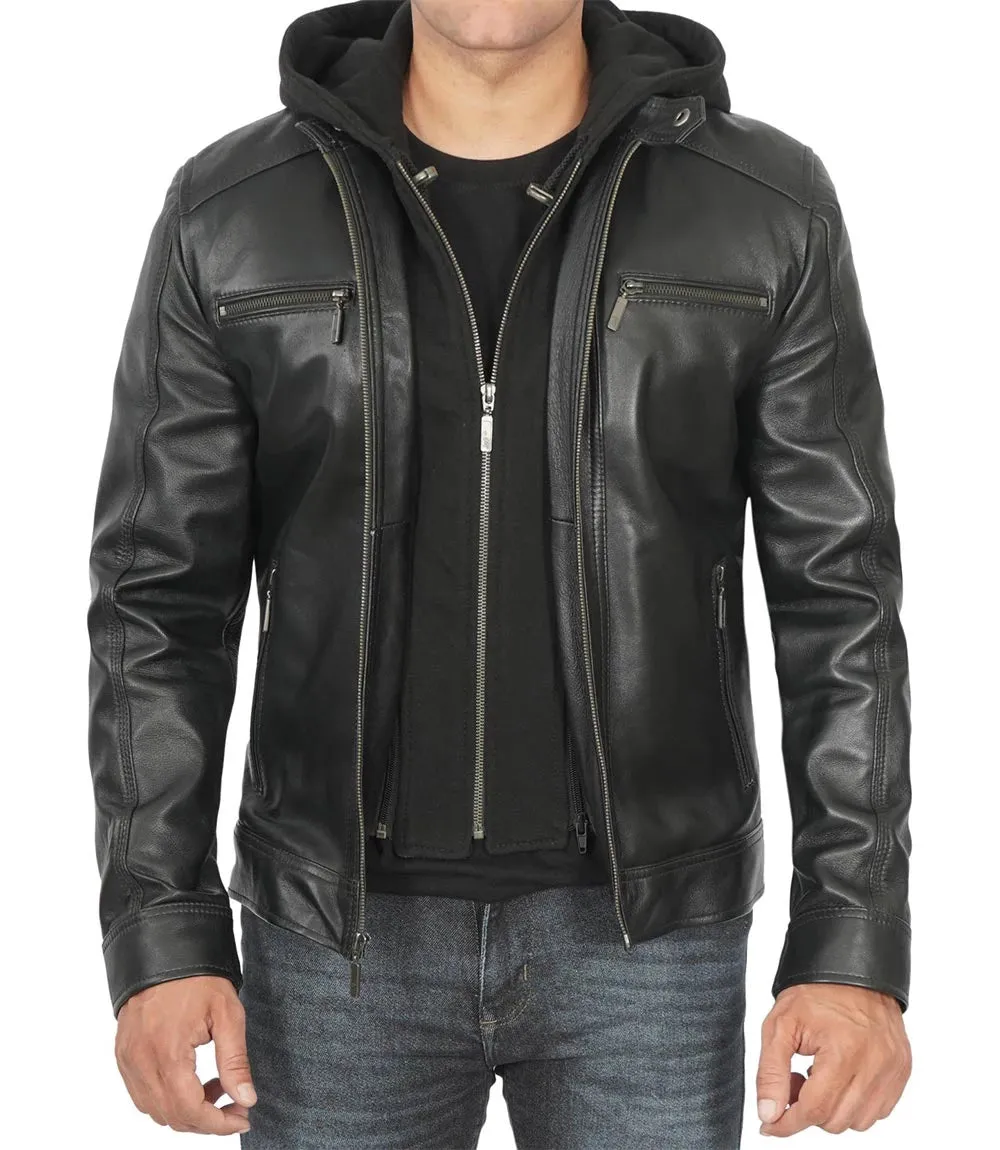 Merrill Men's Black Cafe Racer Hooded Leather Jacket - Shop Now