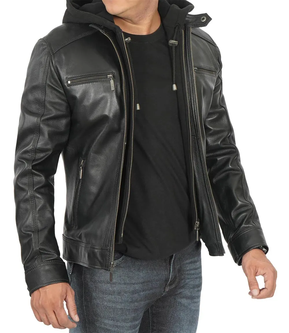 Merrill Men's Black Cafe Racer Hooded Leather Jacket - Shop Now