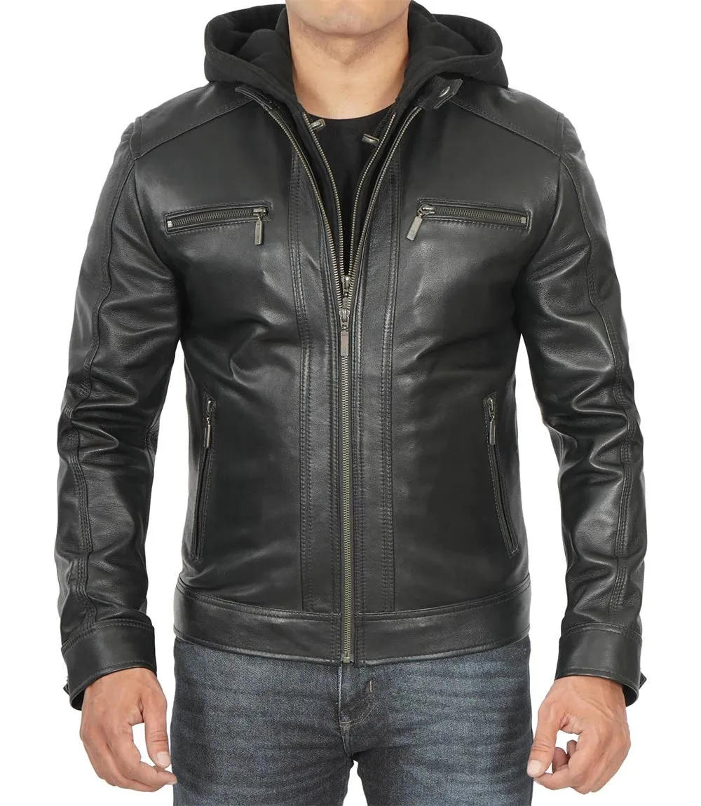 Merrill Men's Black Cafe Racer Hooded Leather Jacket - Shop Now