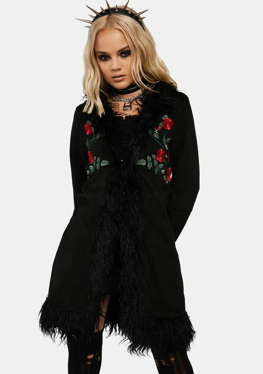 Night Rose Embroidered Suede Coat - Elegant Jacket for Women