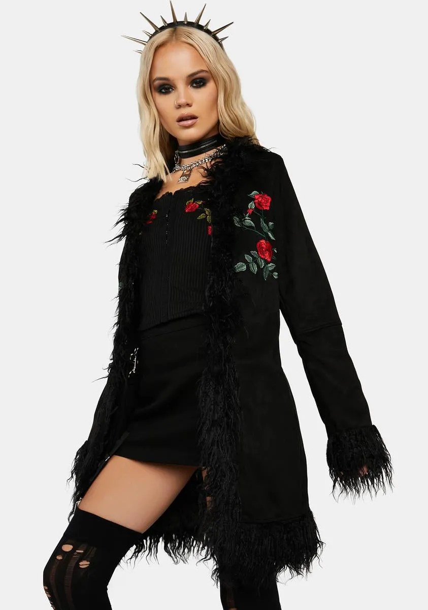 Night Rose Embroidered Suede Coat - Elegant Jacket for Women