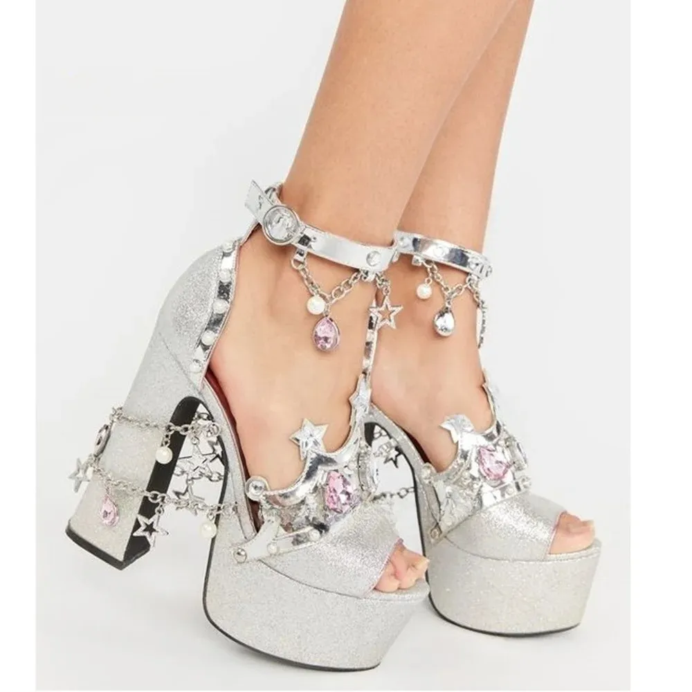 Open Toe Platform Chunky Heel Women's Pearl Chain Pumps