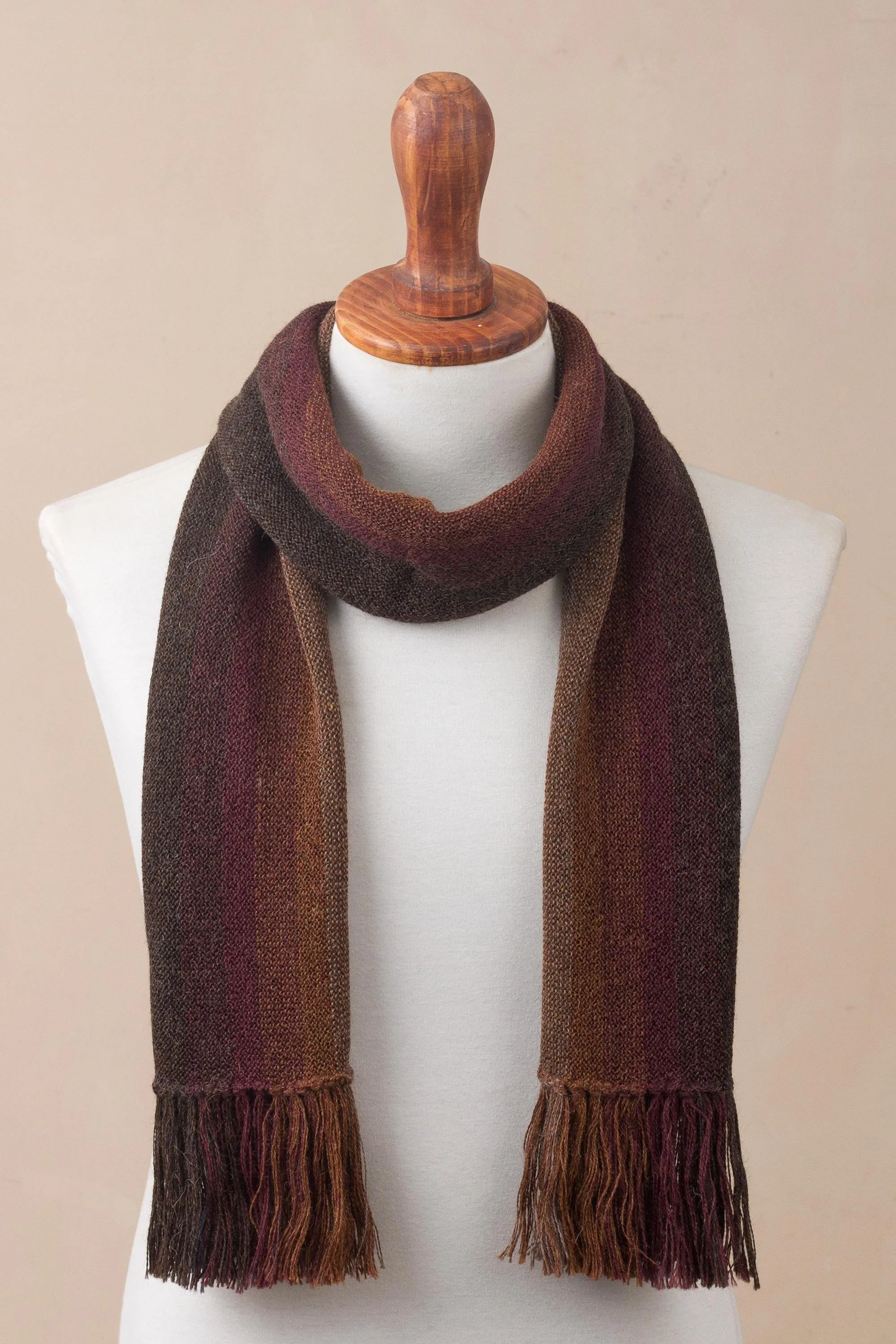 Alpaca Knit Scarf in Brown, Burgundy, Blue Stripes Outcropping