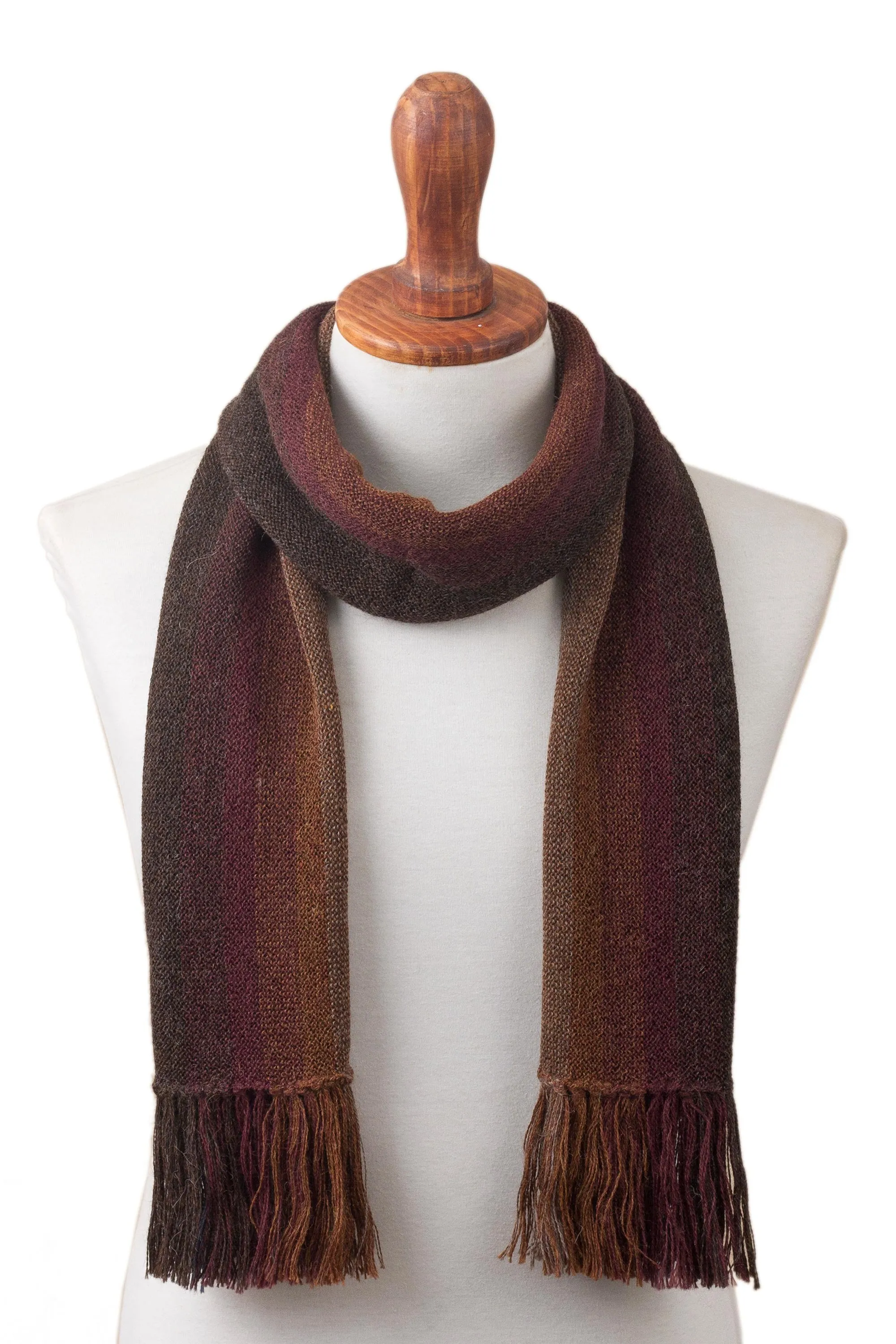 Alpaca Knit Scarf in Brown, Burgundy, Blue Stripes Outcropping