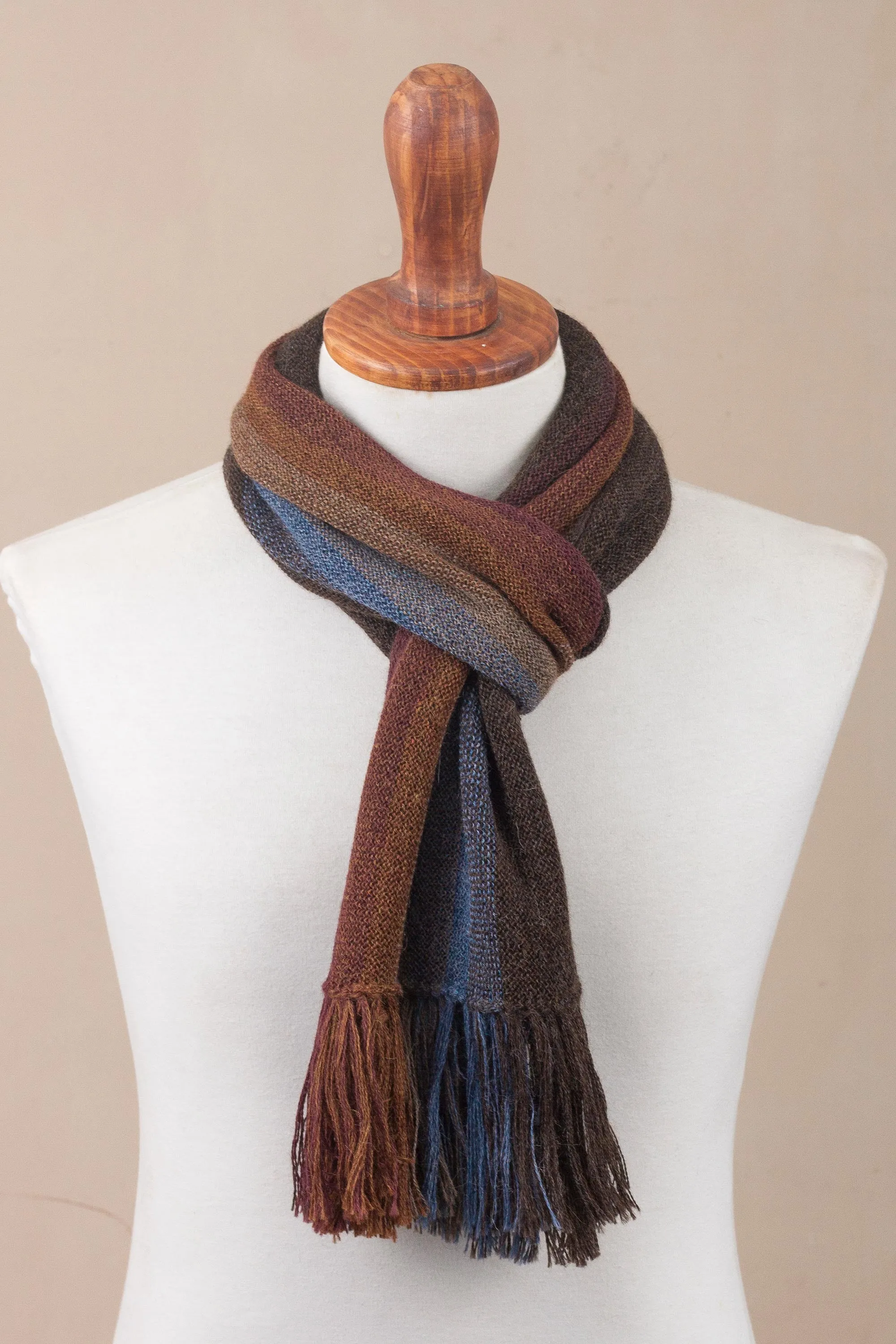 Alpaca Knit Scarf in Brown, Burgundy, Blue Stripes Outcropping