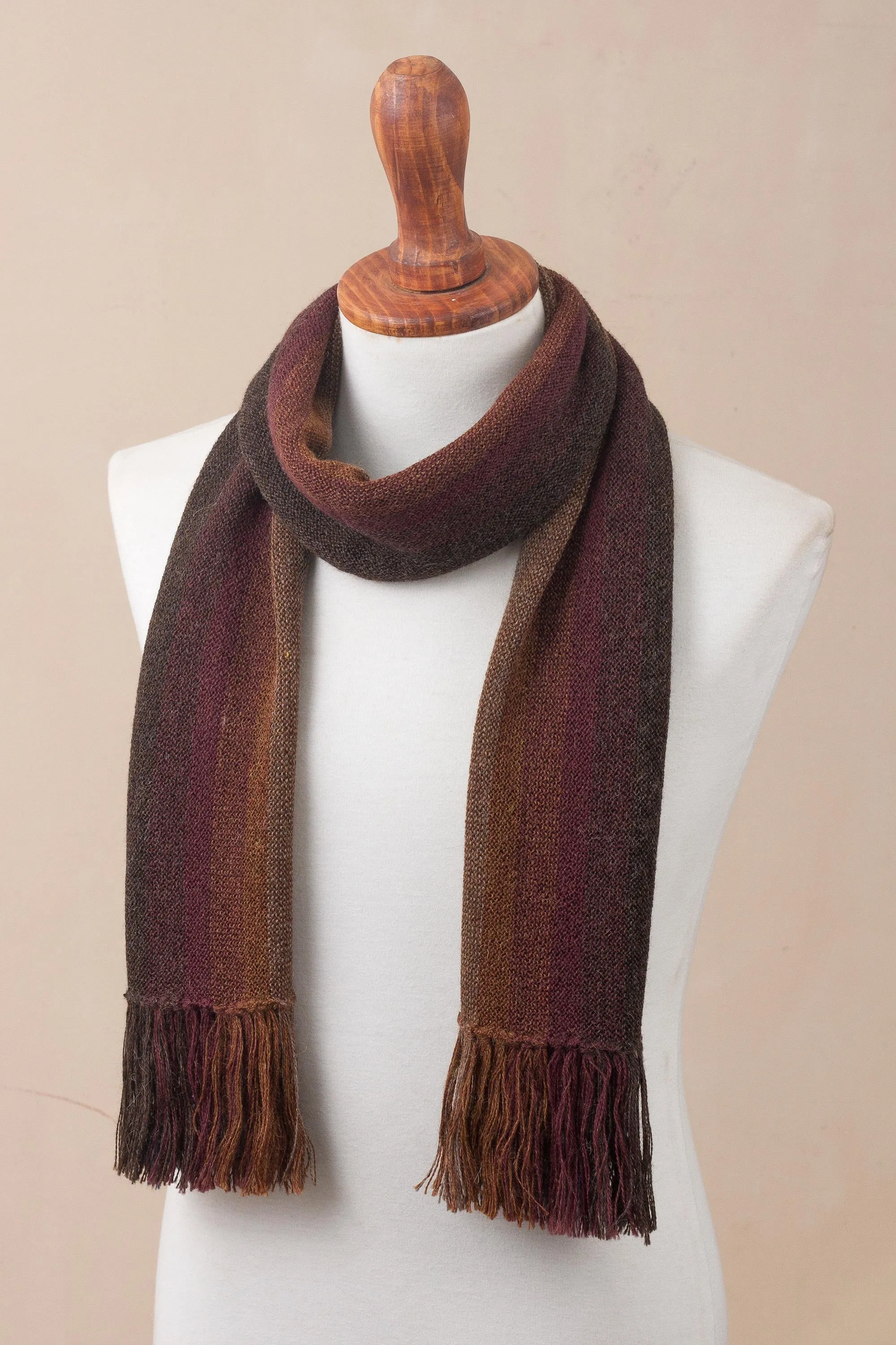 Alpaca Knit Scarf in Brown, Burgundy, Blue Stripes Outcropping