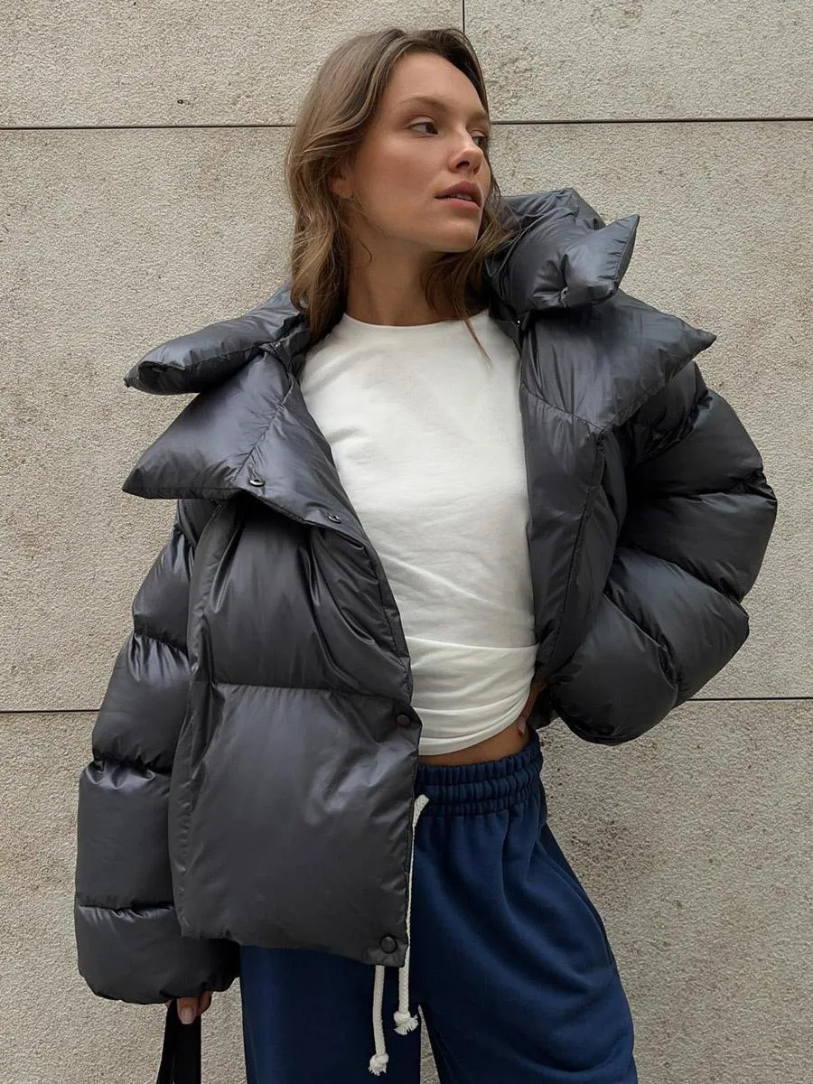 Oversized Hooded Puffer Coat with Front Button in Solid Color for Winter