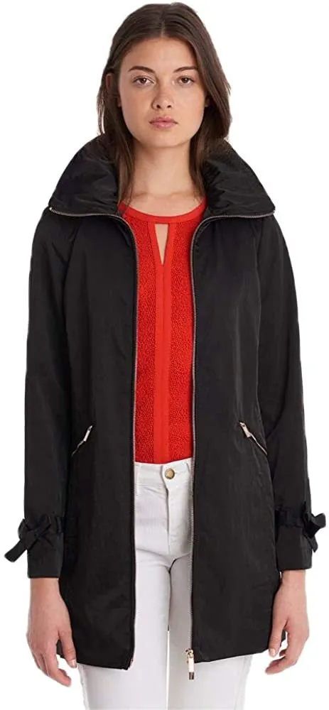 Packable Rain Jacket with Bow Detail and Zip Front in Black