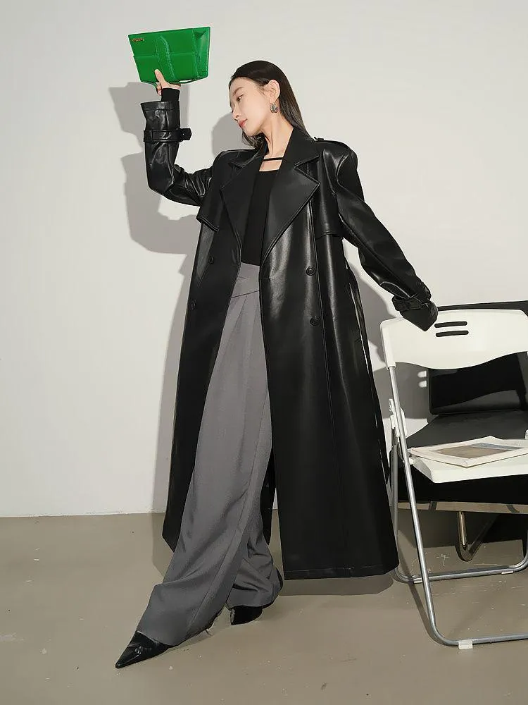 Faux Leather Belted Long Winter Coat with Notched Lapel