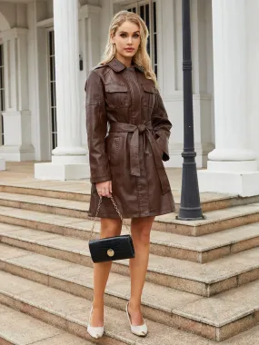 PU Leather Trench Coat with Turndown Collar and Long Sleeves for Fall Fashion