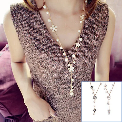 Romantic Style Long Tassel Necklace with Imitation Pearl Flowers - Trendy Women's Jewelry