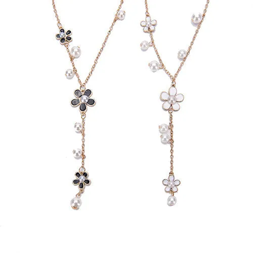 Romantic Style Long Tassel Necklace with Imitation Pearl Flowers - Trendy Women's Jewelry