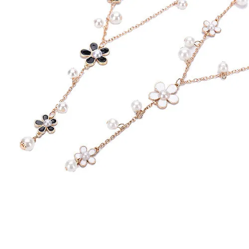 Romantic Style Long Tassel Necklace with Imitation Pearl Flowers - Trendy Women's Jewelry